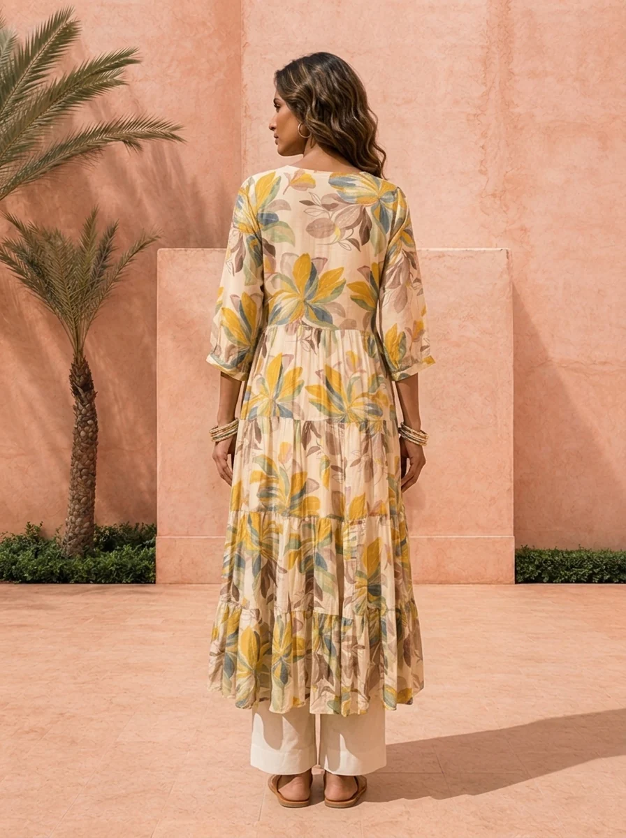 Cream Muslin Floral Printed Long Dress - Image 3