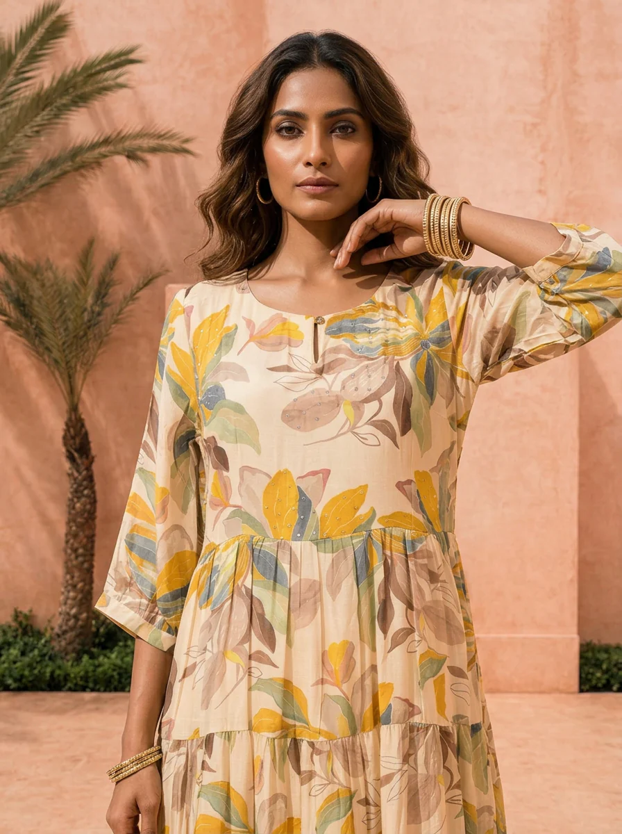 Cream Muslin Floral Printed Long Dress - Image 4