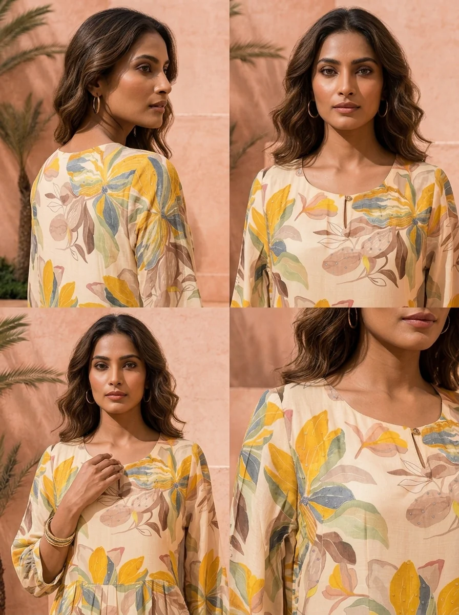 Cream Muslin Floral Printed Long Dress - Image 5