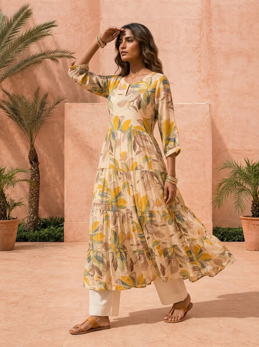 Cream Muslin Floral Printed Long Dress - Image 6