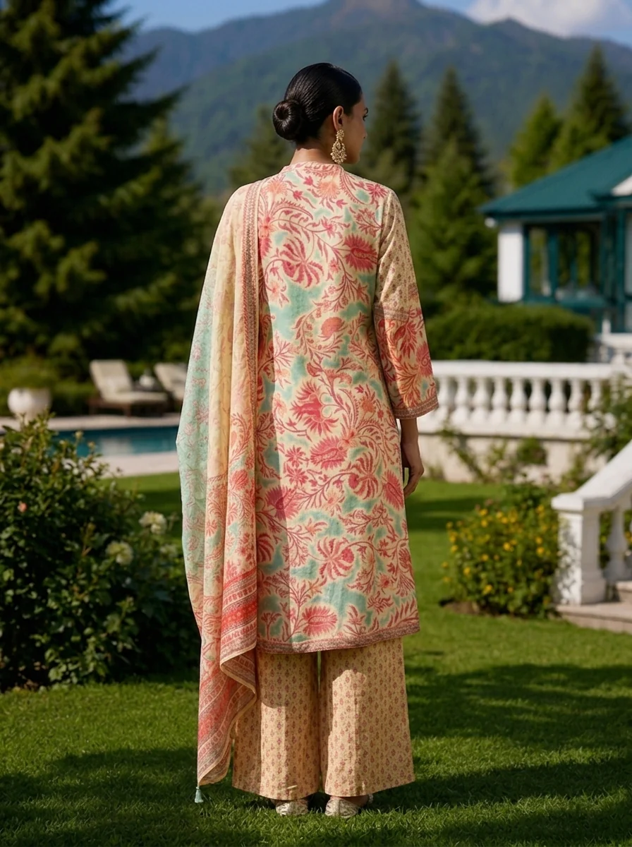 Cream Muslin Floral Printed Three Piece Set - Image 2