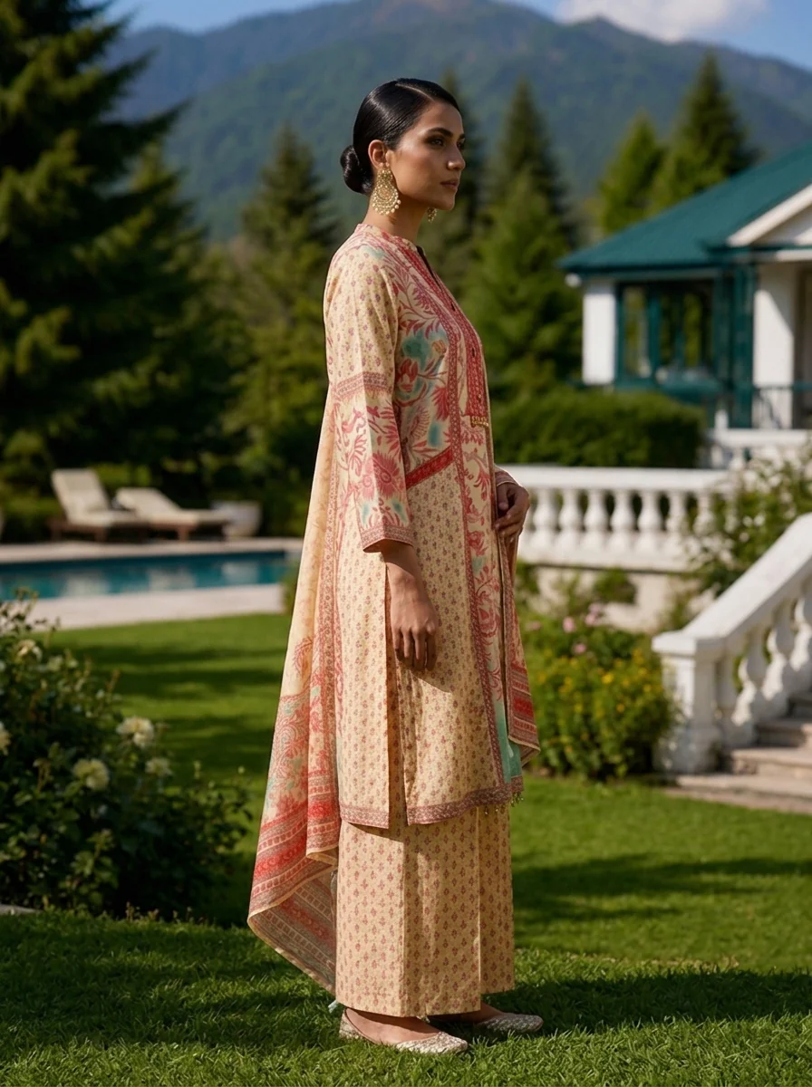 Cream Muslin Floral Printed Three Piece Set - Image 3