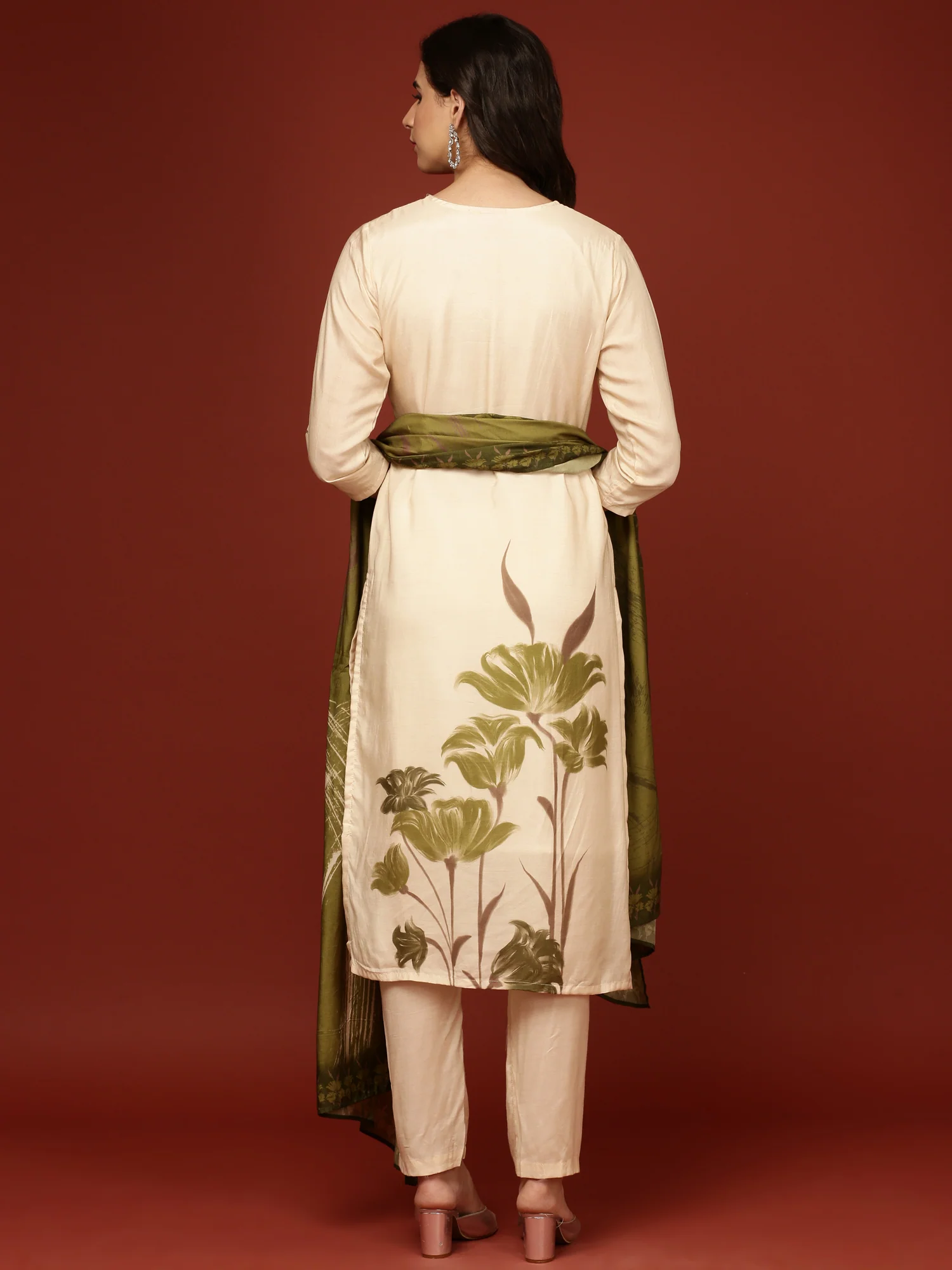 Cream Muslin Floral Printed Three Piece Set - Image 3