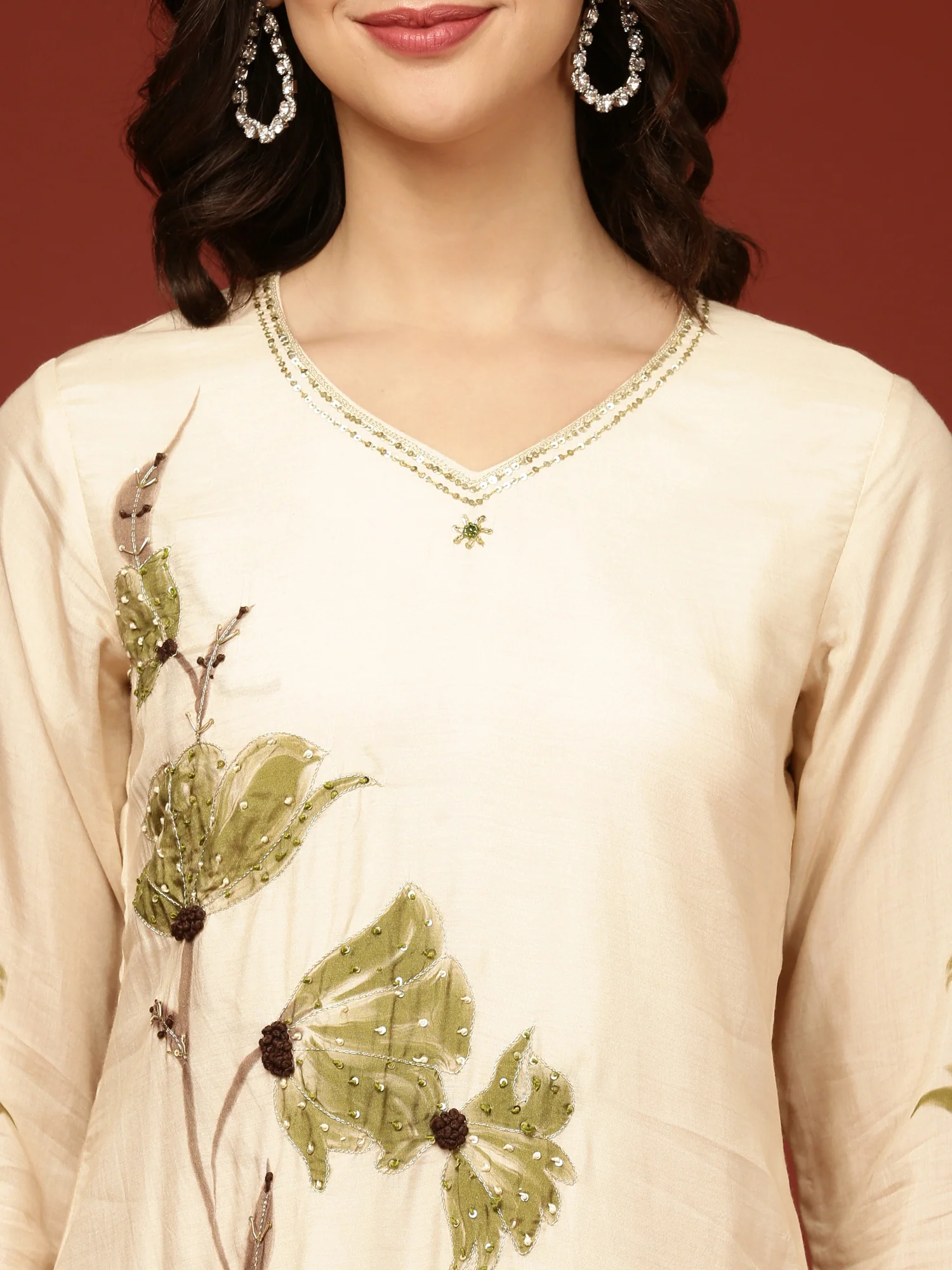 Cream Muslin Floral Printed Three Piece Set - Image 4