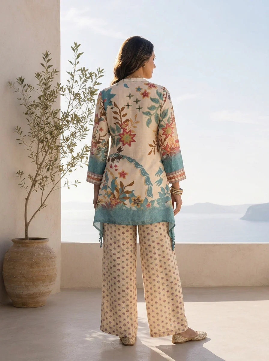 Cream Muslin Heavy Floral Printed Two Piece Set - Image 2