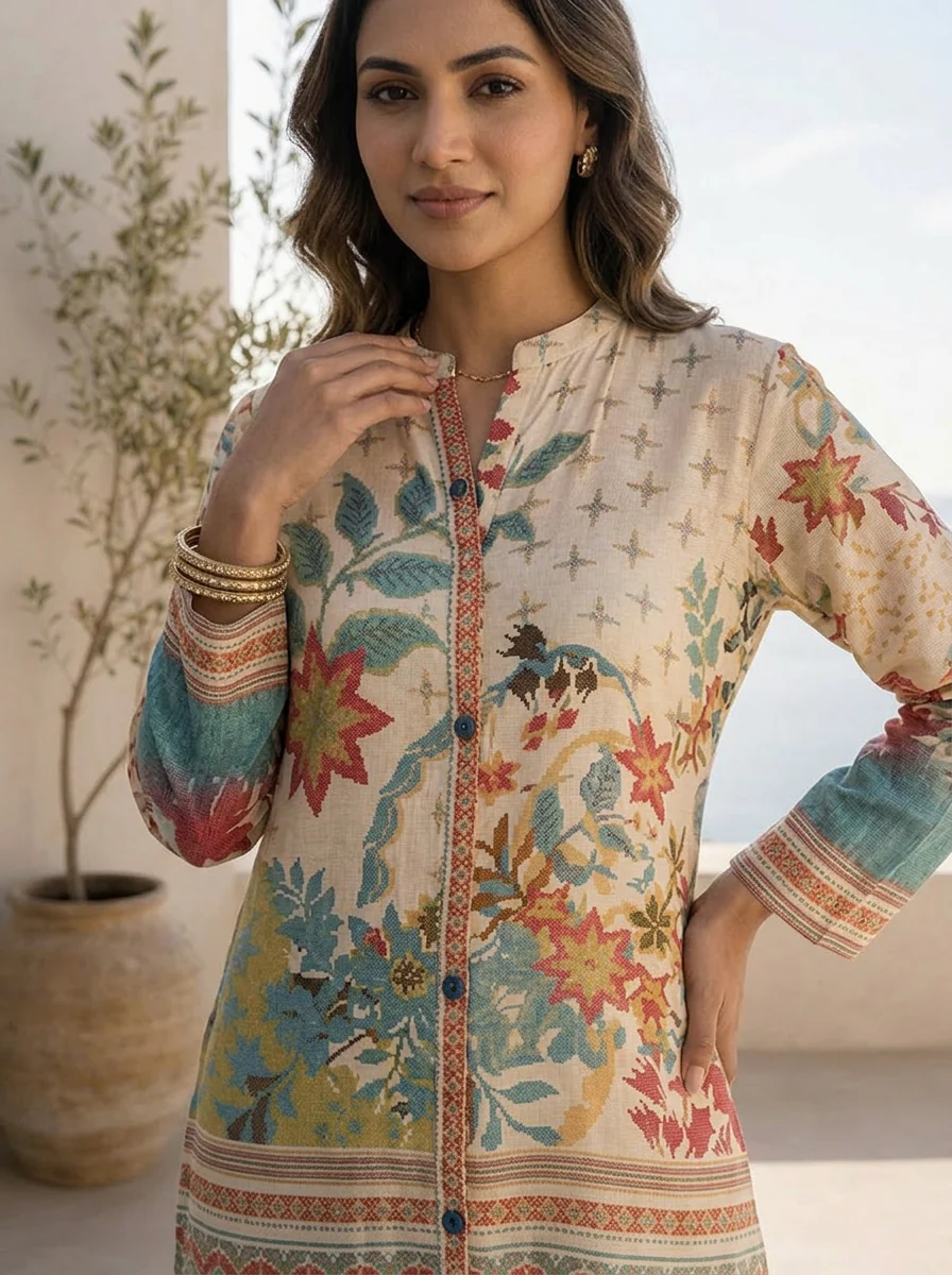 Cream Muslin Heavy Floral Printed Two Piece Set - Image 4