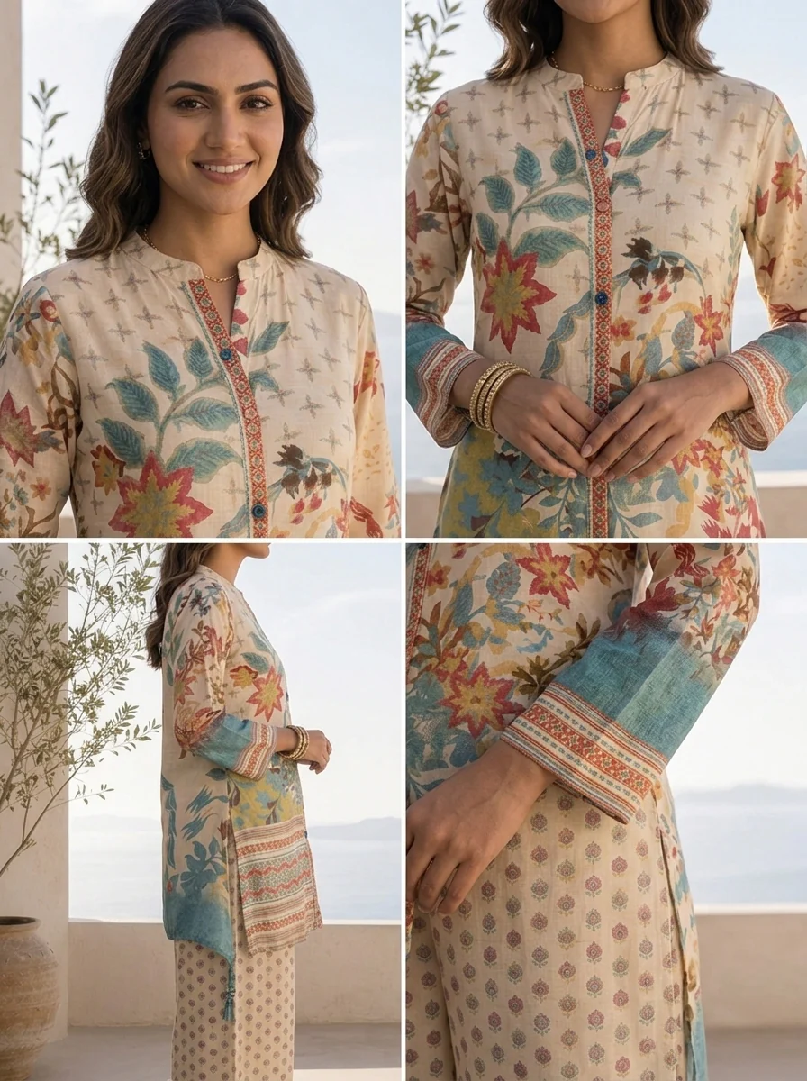 Cream Muslin Heavy Floral Printed Two Piece Set - Image 5