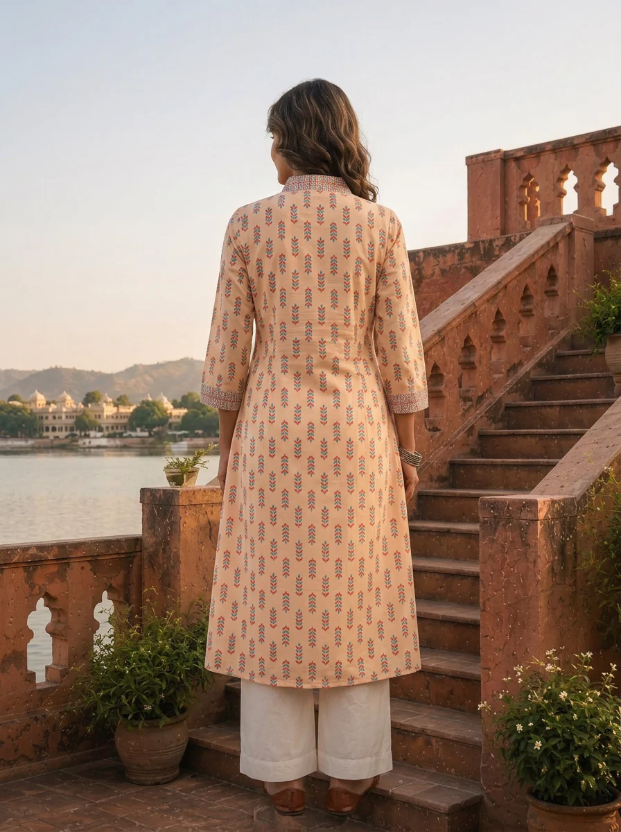 Cream Muslin Leaf Buti Printed Kurta - Image 2