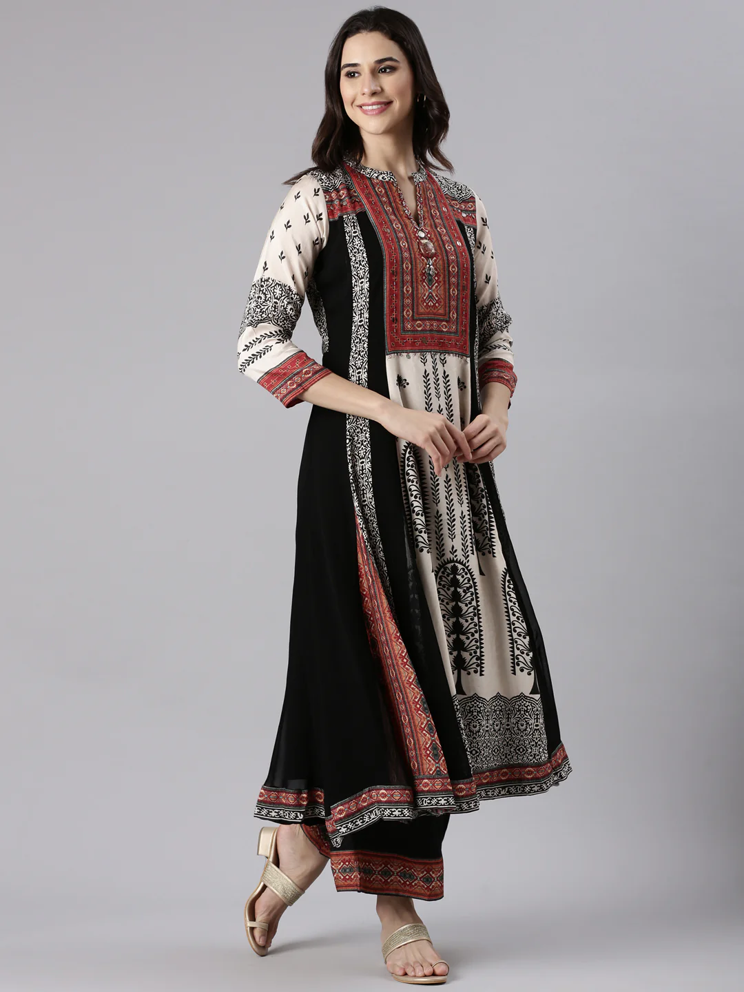 Cream Muslin Printed Three Piece Set With Palazzo - Image 2