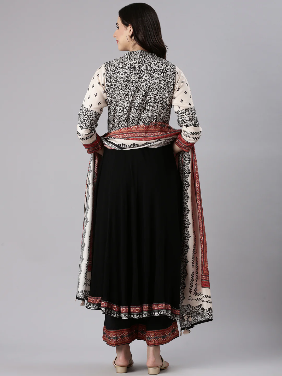 Cream Muslin Printed Three Piece Set With Palazzo - Image 3