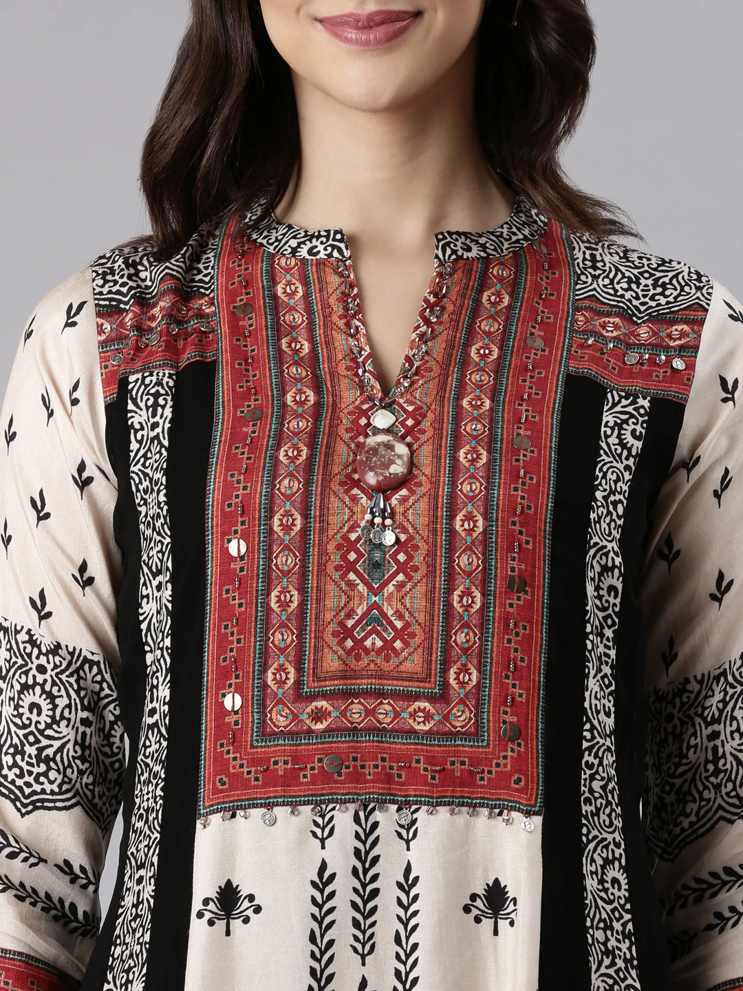 Cream Muslin Printed Three Piece Set With Palazzo - Image 4