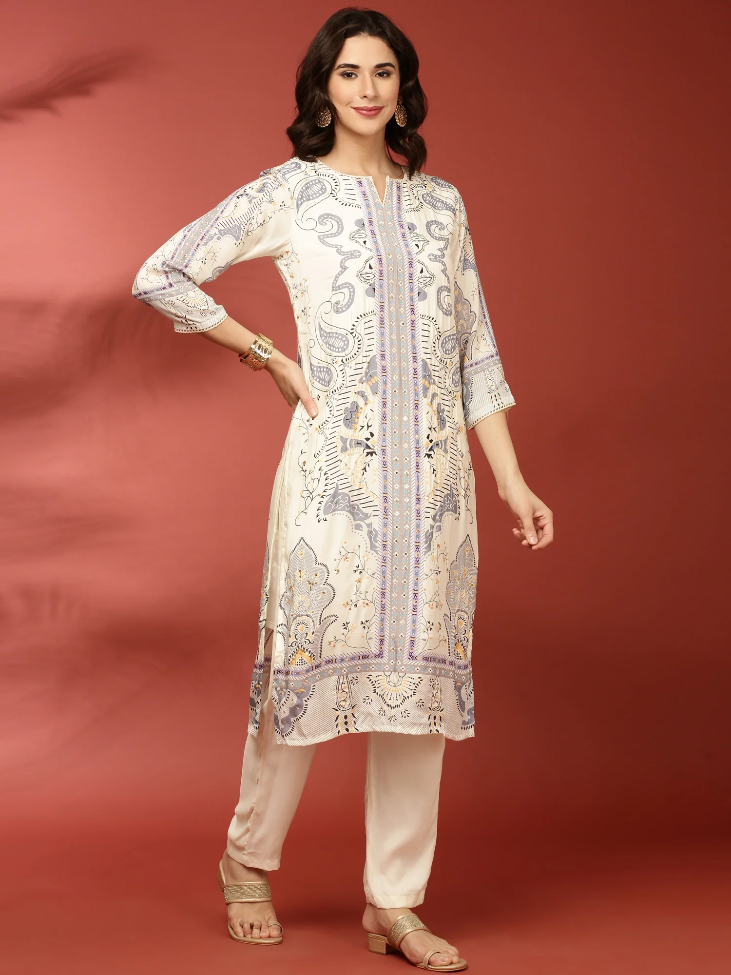 Cream Muslin Printed Two Piece Set - Image 2