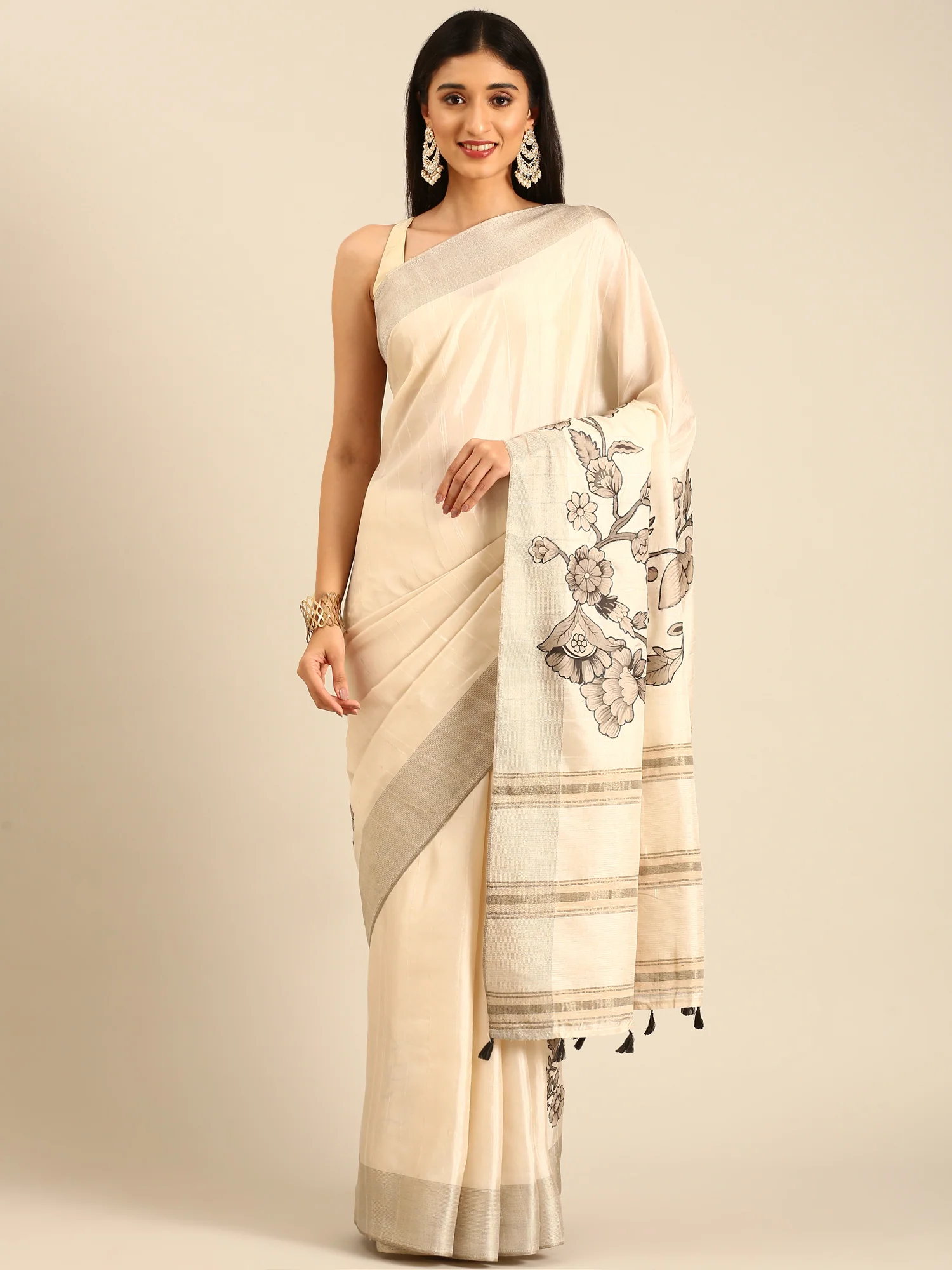 Cream Natural Dupion Saree With Floral Print