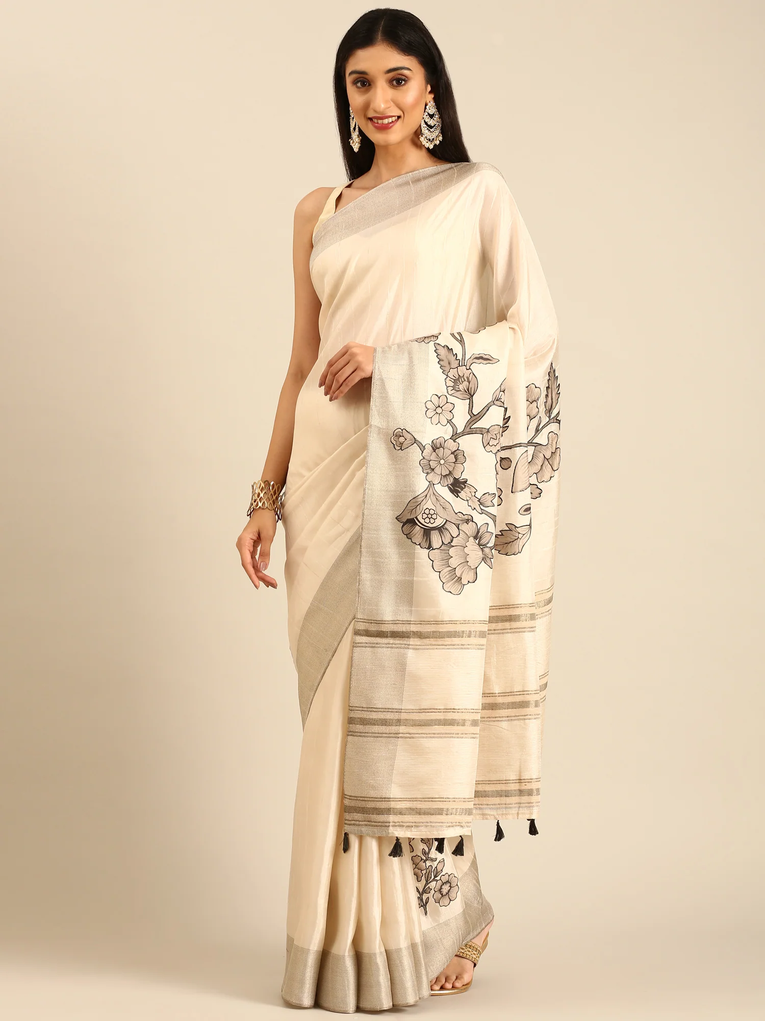 Cream Natural Dupion Saree With Floral Print - Image 2