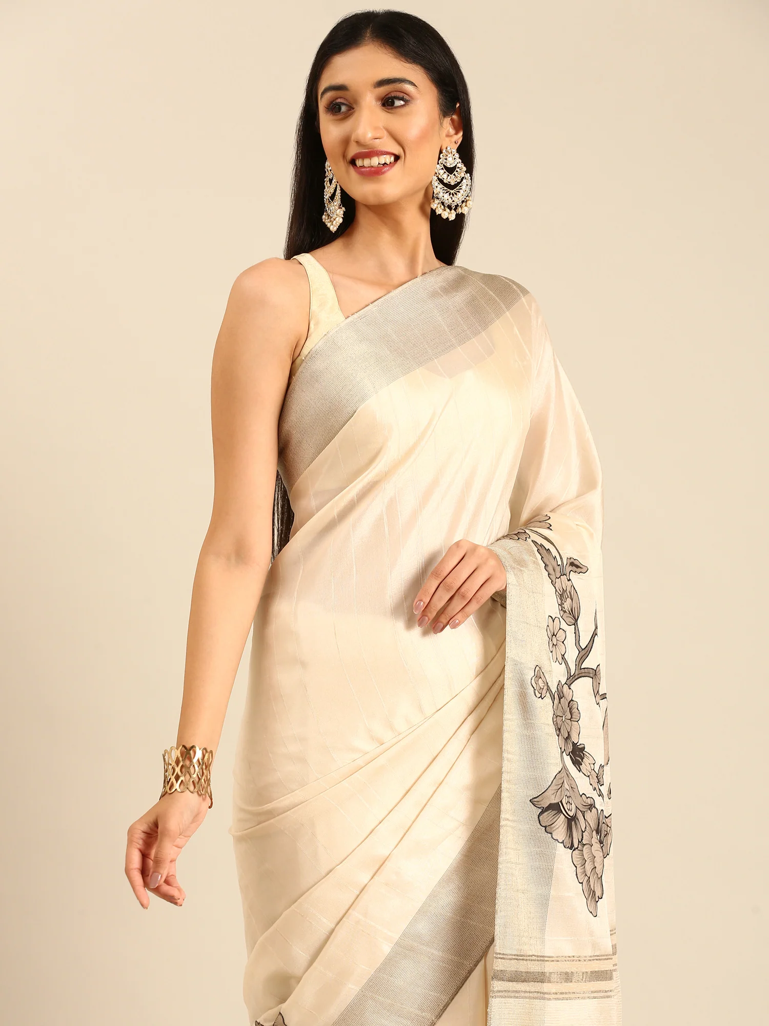 Cream Natural Dupion Saree With Floral Print - Image 4