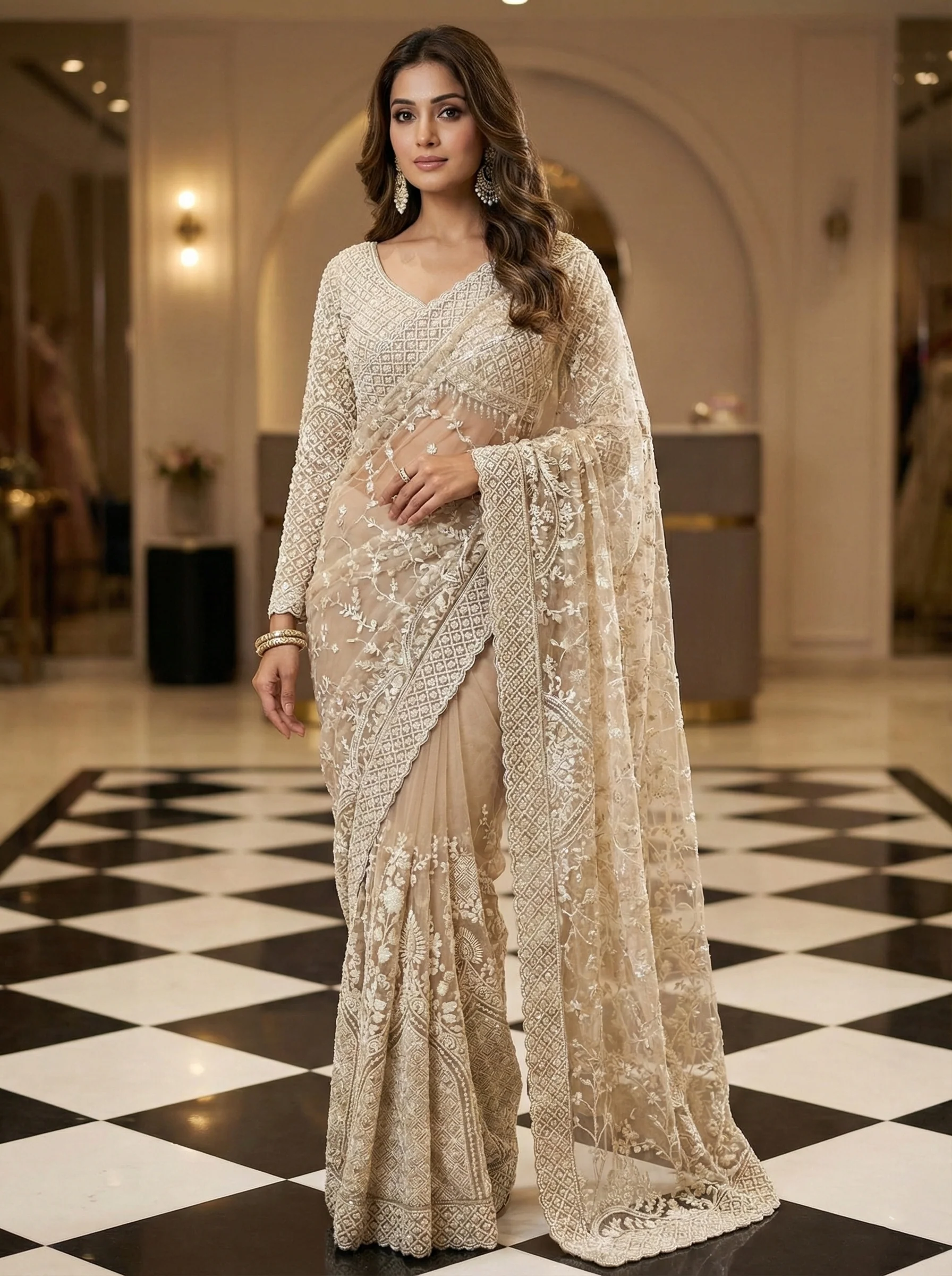 Cream Net Heavy Hand Embroidery Saree