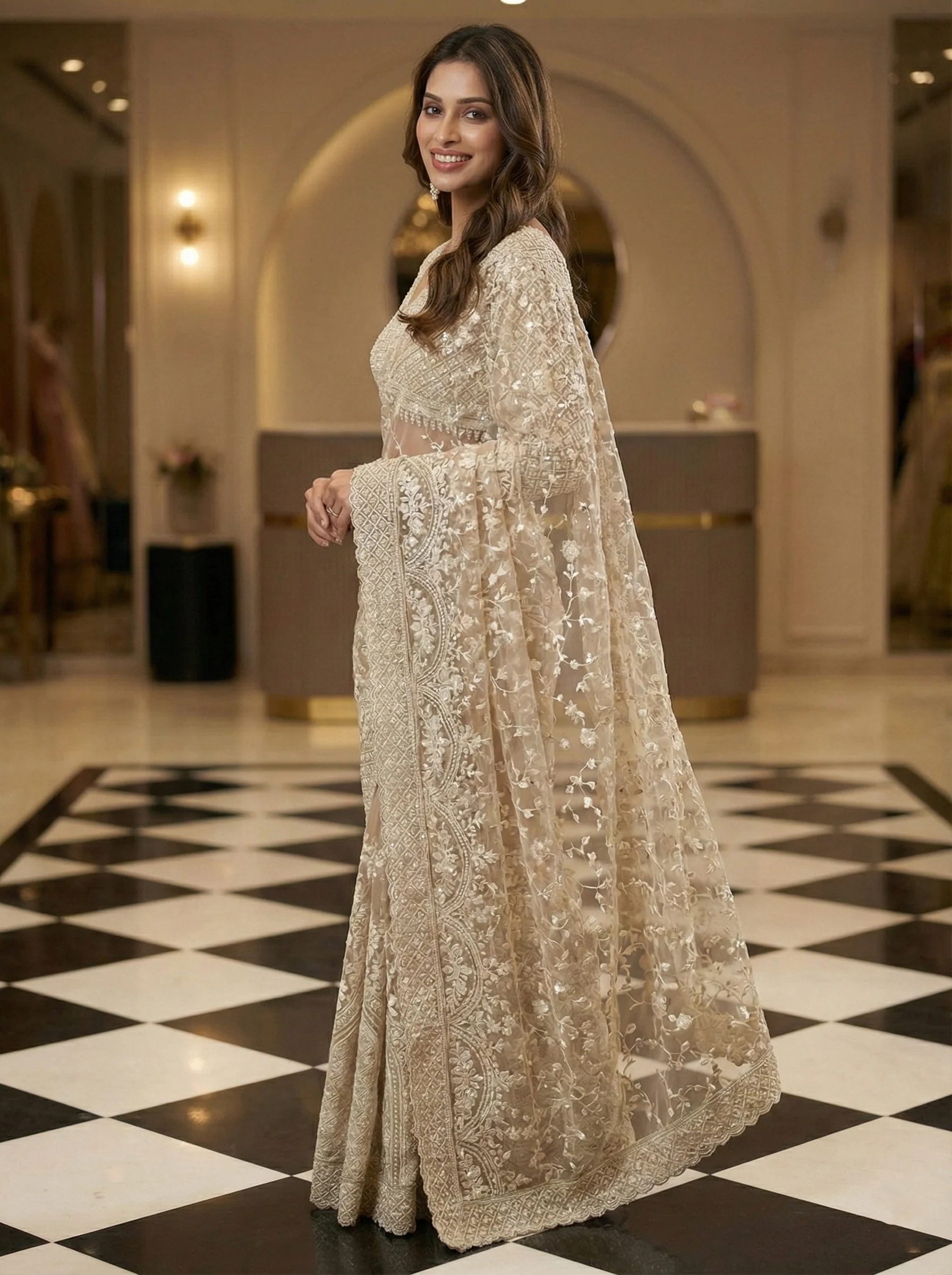 Cream Net Heavy Hand Embroidery Saree - Image 4