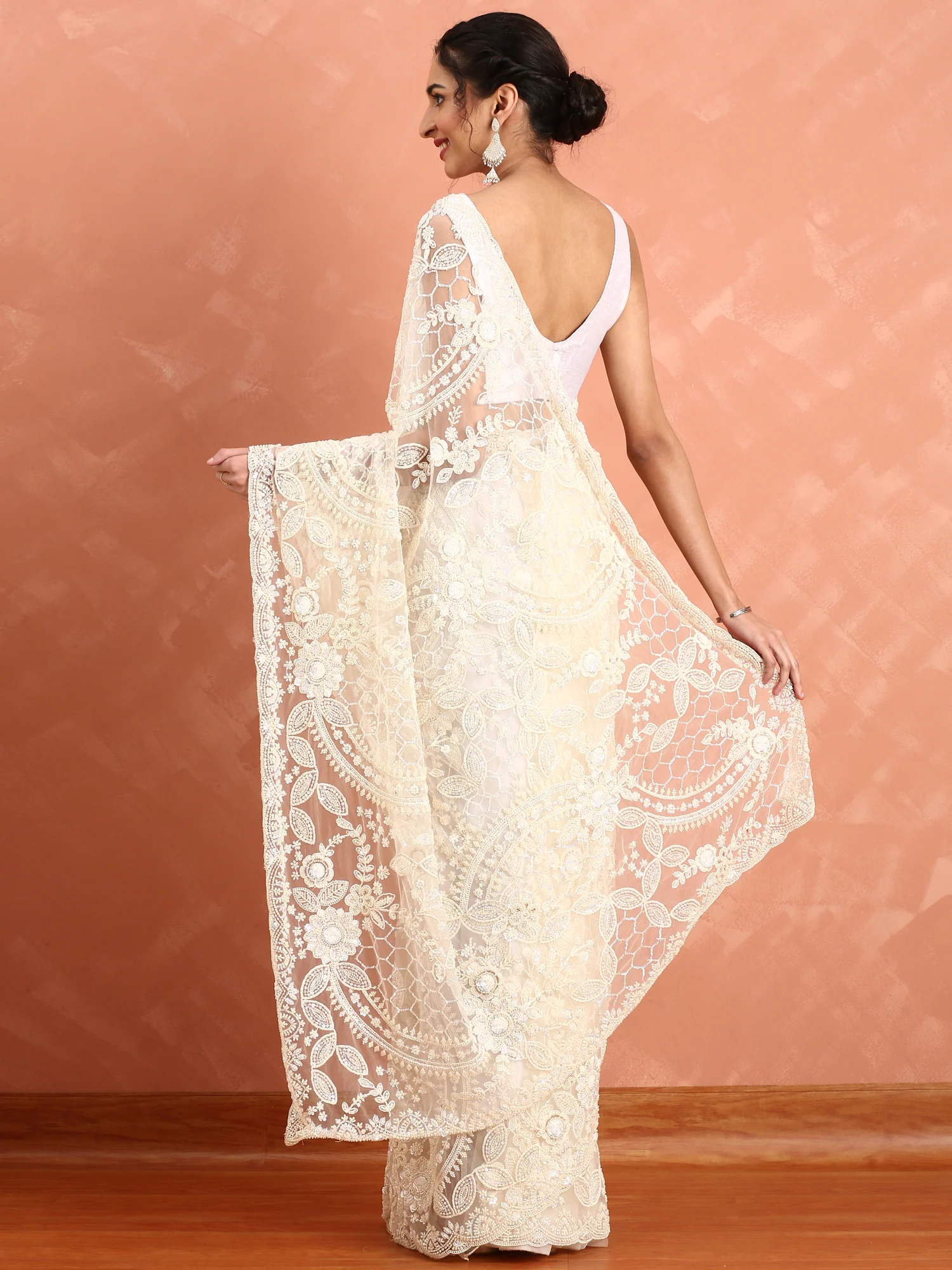 Cream net saree with pearl and sequins hand embroidery with scallop border - Image 3