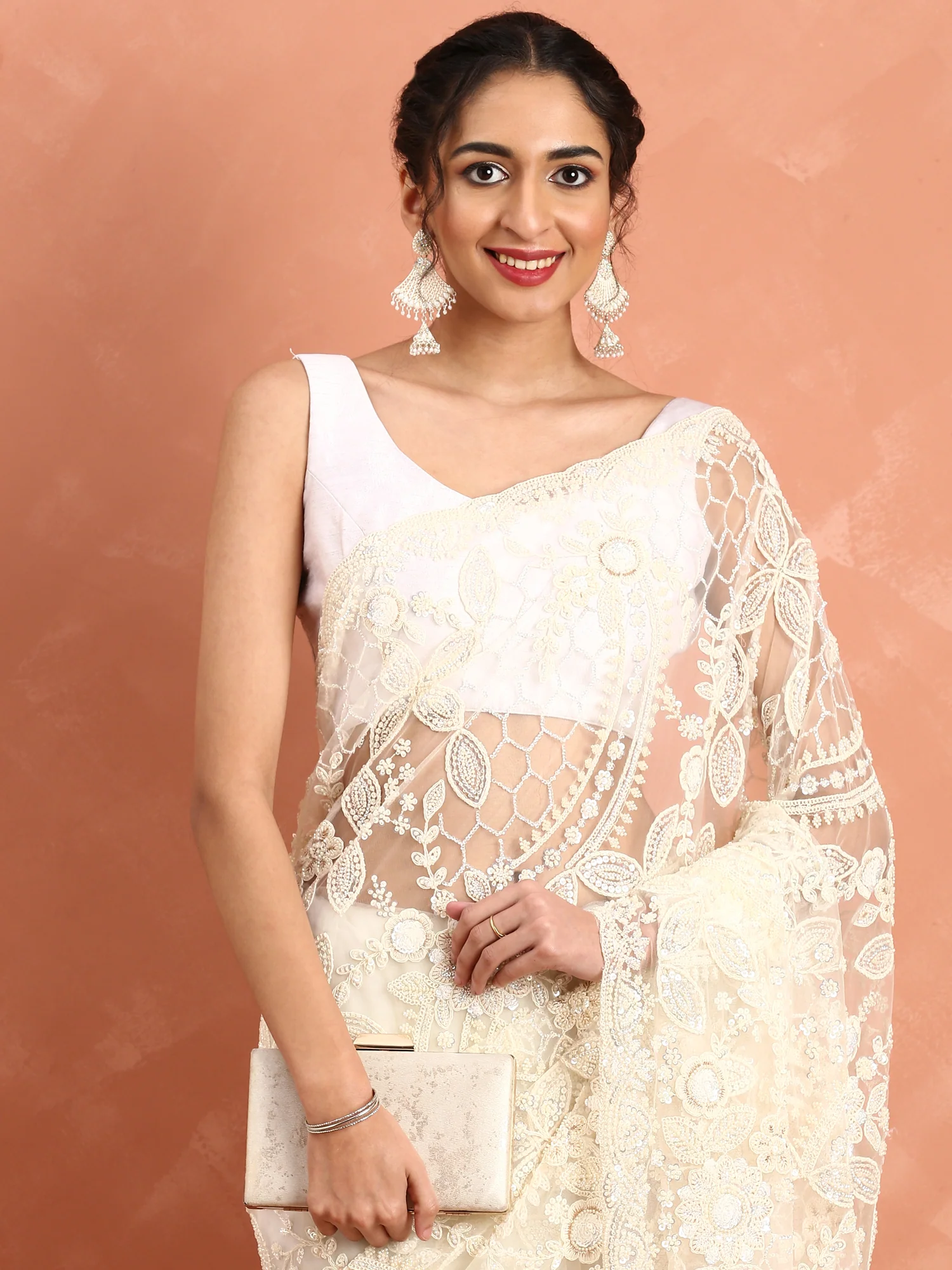 Cream net saree with pearl and sequins hand embroidery with scallop border - Image 4