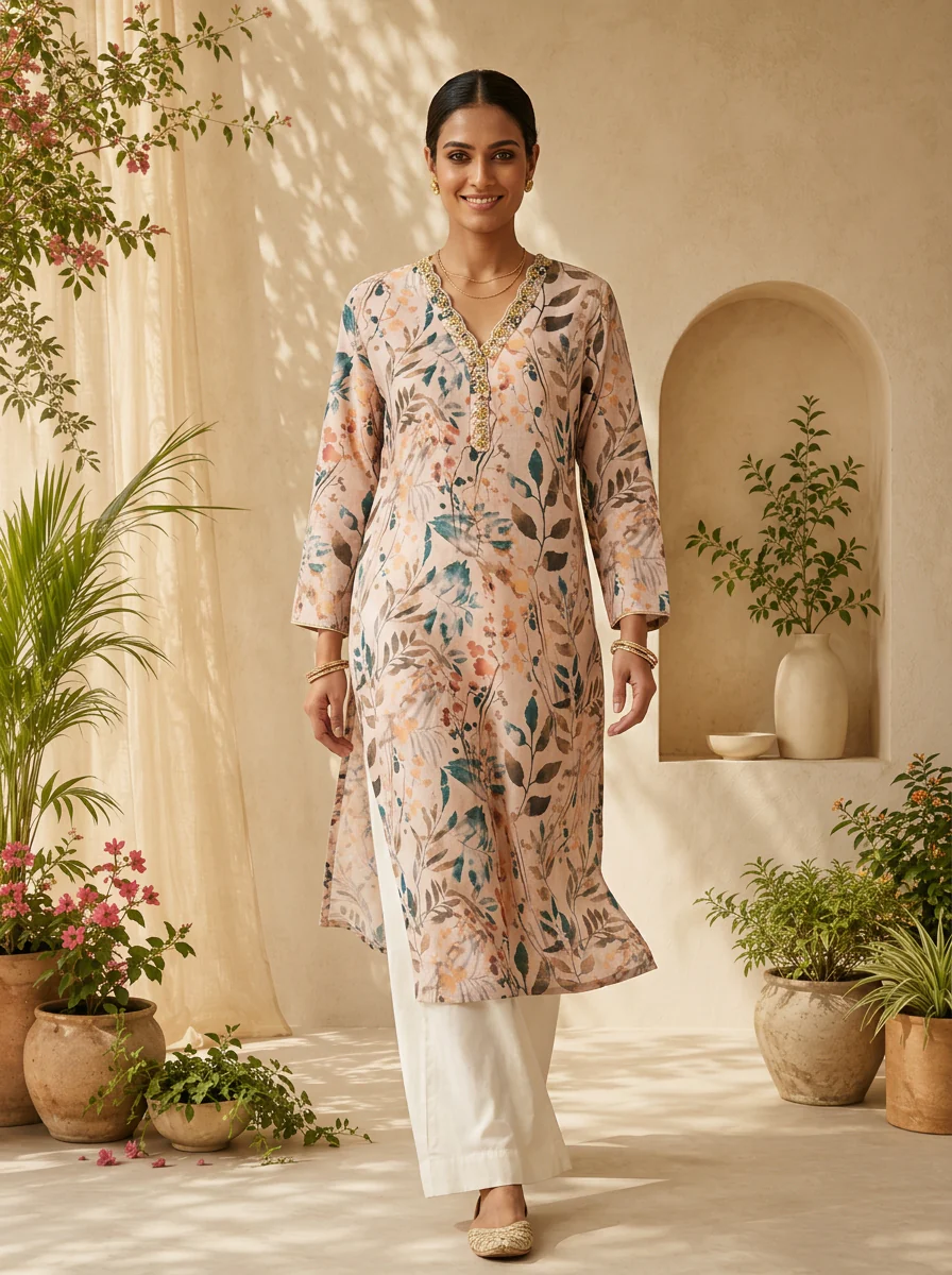 Cream Patch Embroidery And Printed Linen Kurta - Image 2