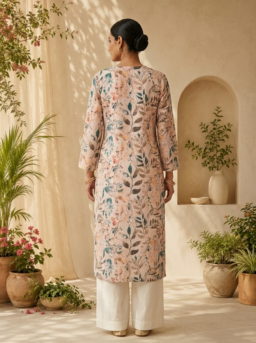 Cream Patch Embroidery And Printed Linen Kurta - Image 3