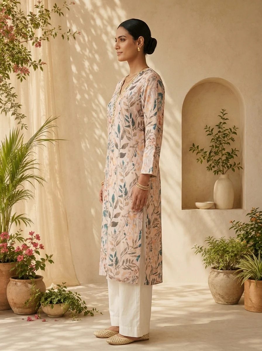 Cream Patch Embroidery And Printed Linen Kurta - Image 4