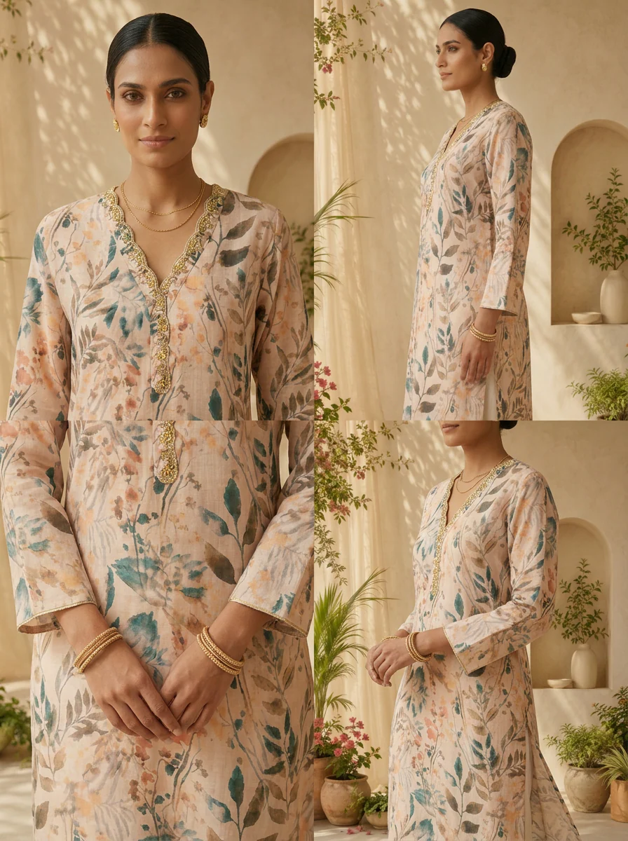 Cream Patch Embroidery And Printed Linen Kurta - Image 5