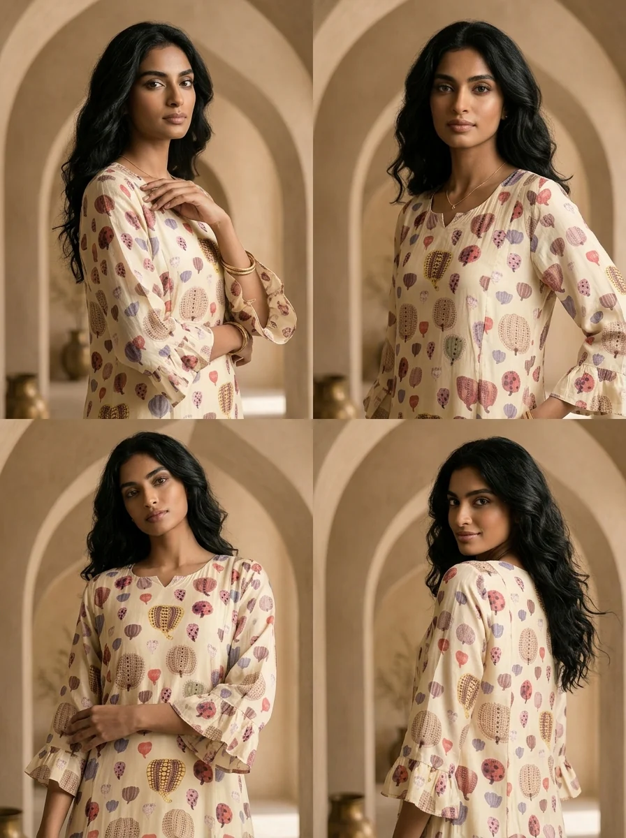 Cream Printed A-Line Crepe Kurta - Image 4