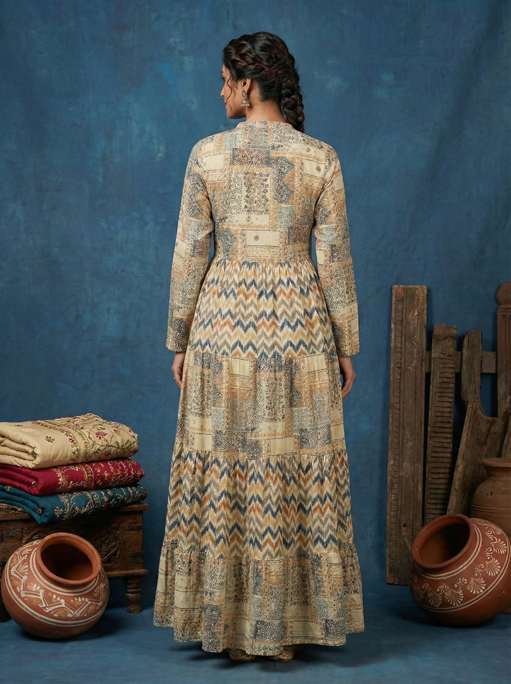Cream Rayon Digital Print Long Dress - Image 3