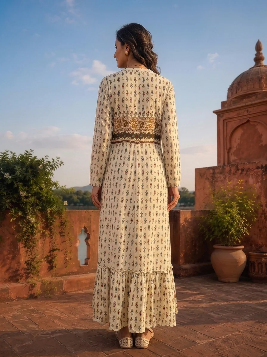 Cream Rayon Floral Buti Printed Dress - Image 2