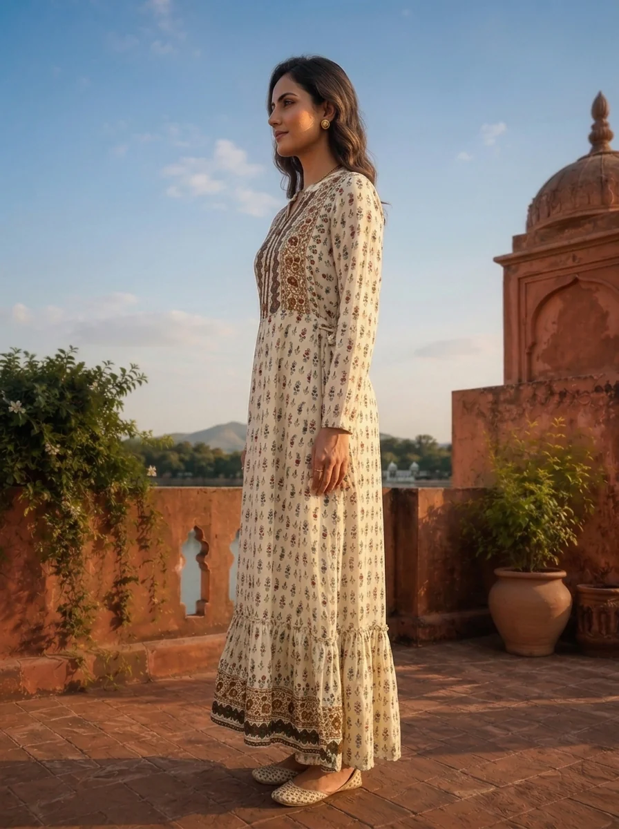 Cream Rayon Floral Buti Printed Dress - Image 3