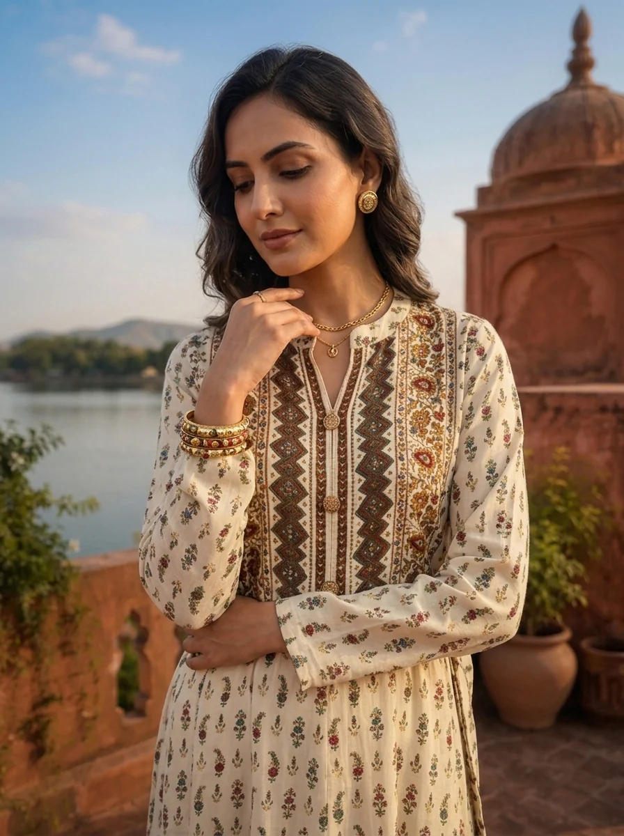 Cream Rayon Floral Buti Printed Dress - Image 4