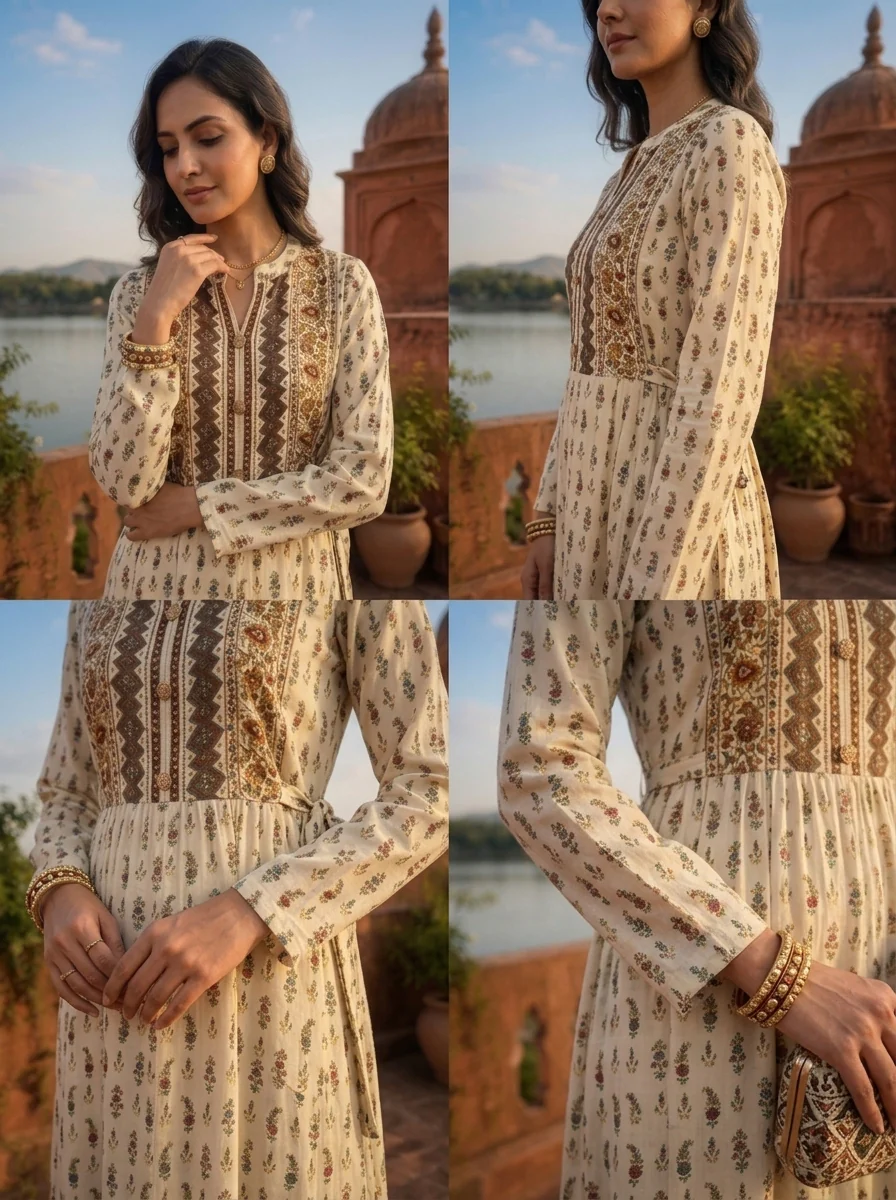 Cream Rayon Floral Buti Printed Dress - Image 5