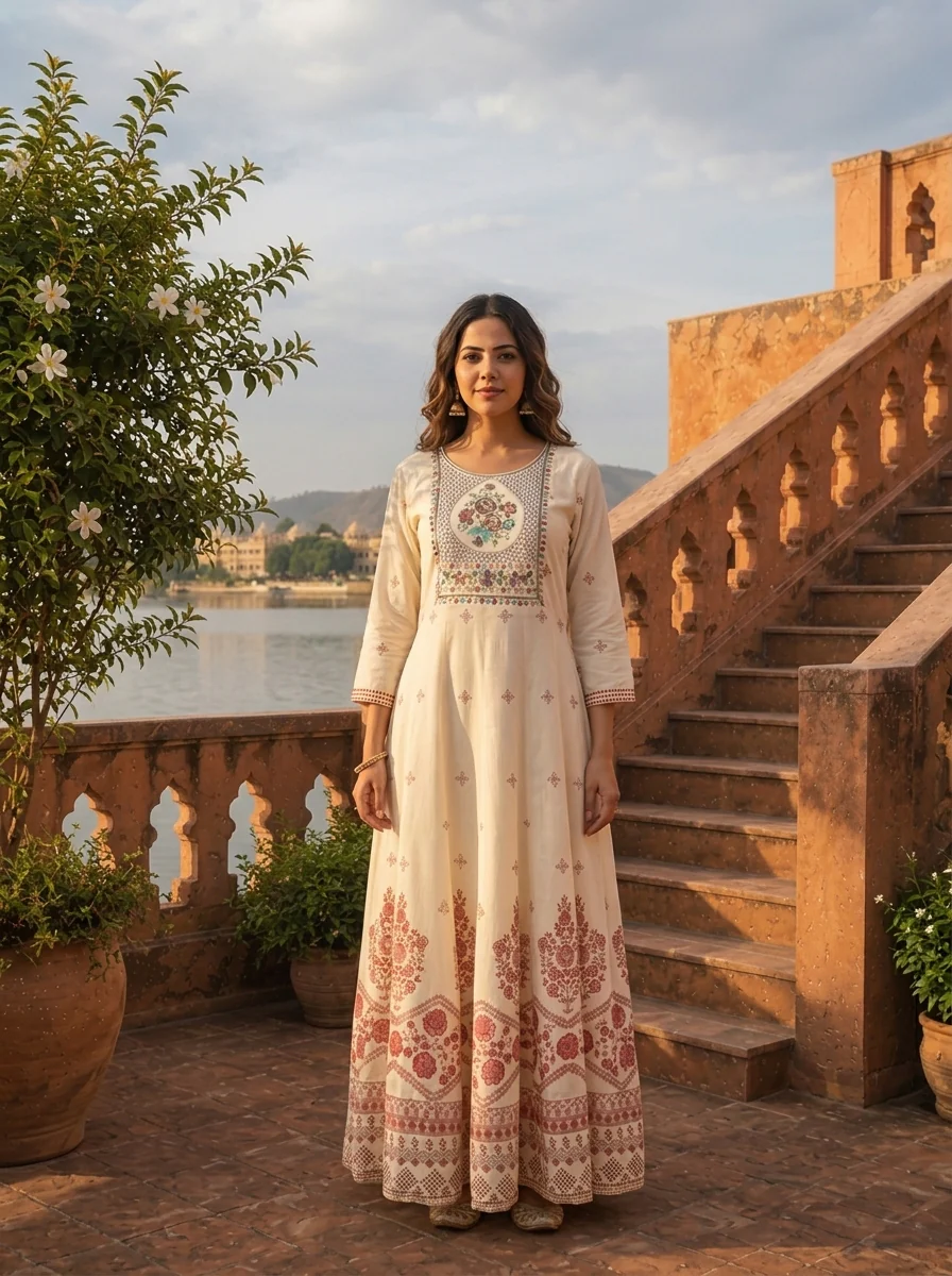 Cream Rayon Floral Ethnic Motif Printed Dress