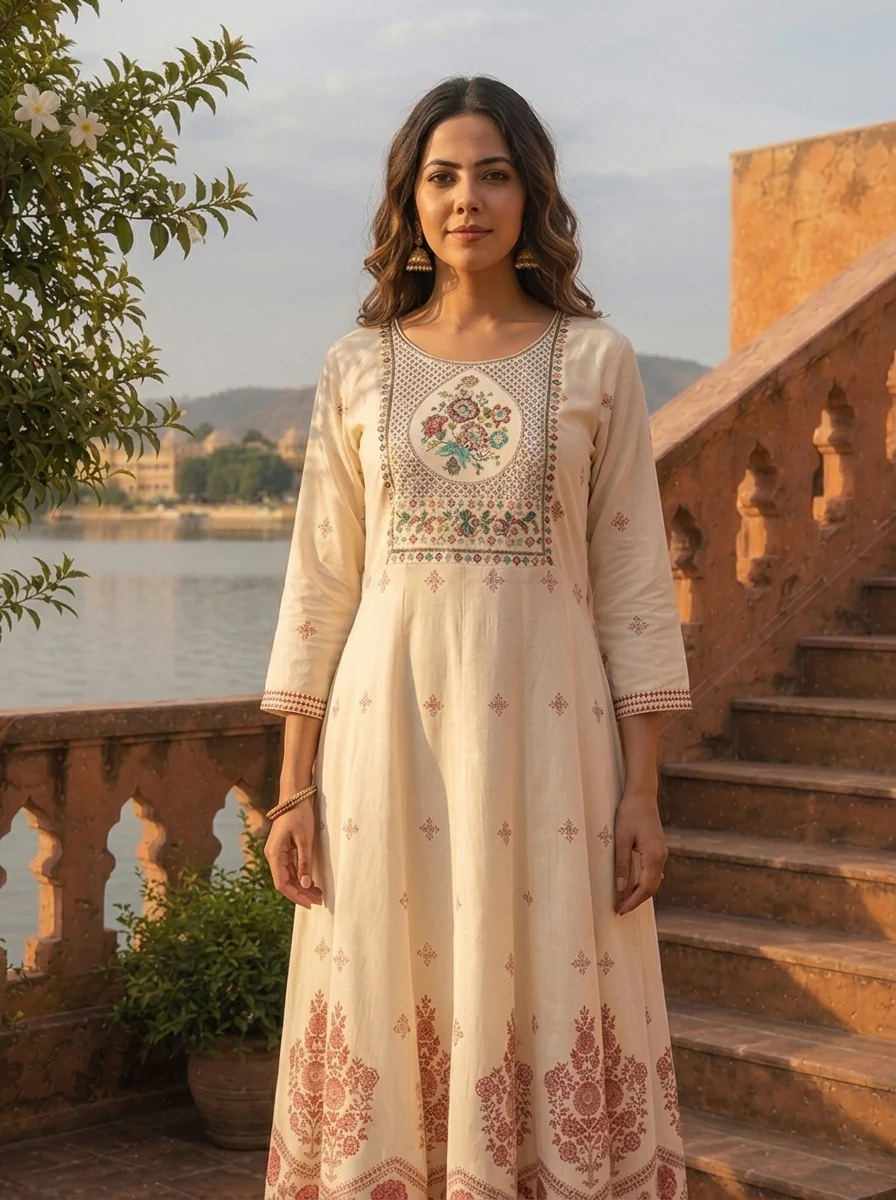 Cream Rayon Floral Ethnic Motif Printed Dress - Image 5