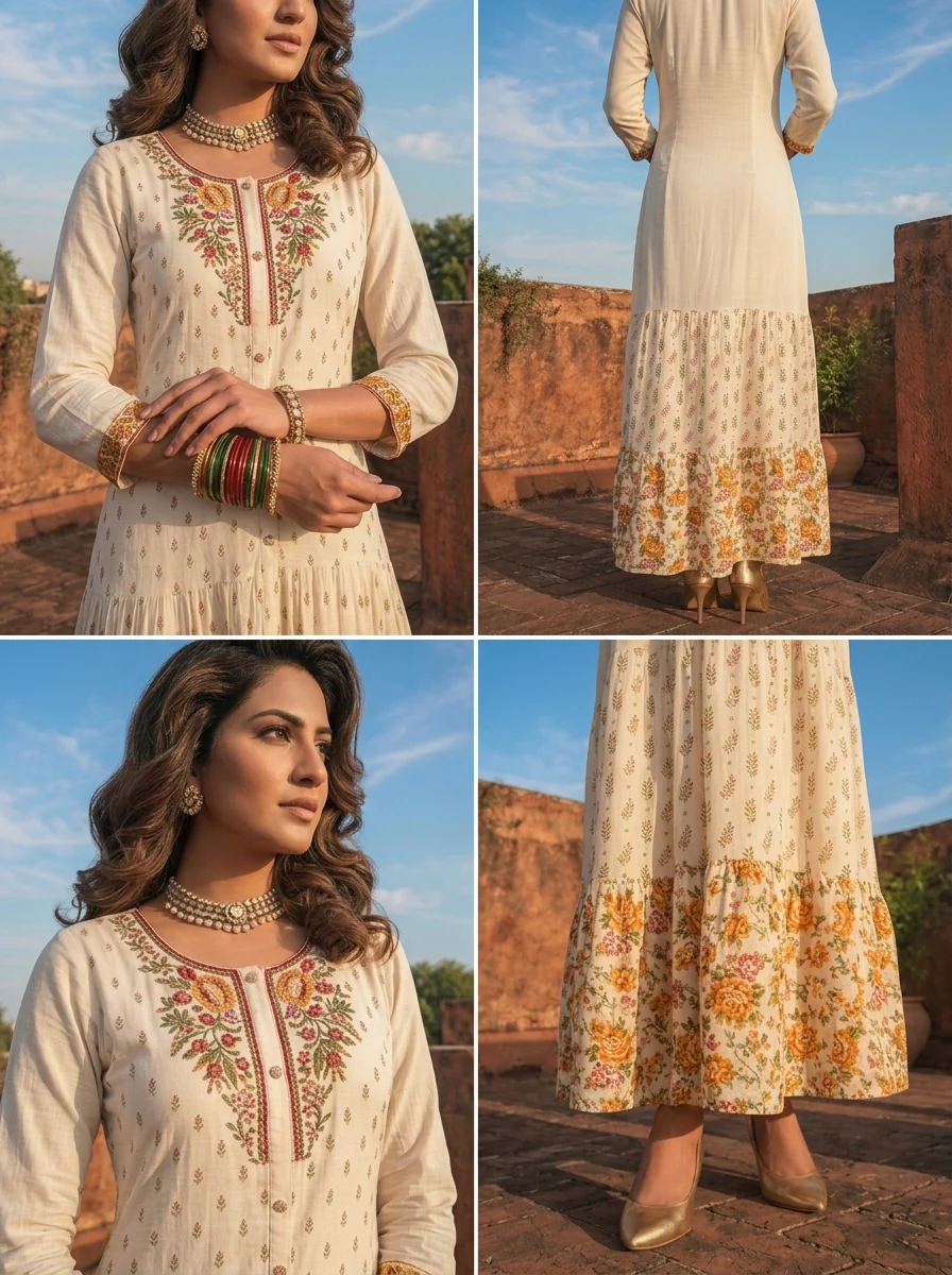 Cream Rayon Floral Leaf Motif Printed Dress - Image 5