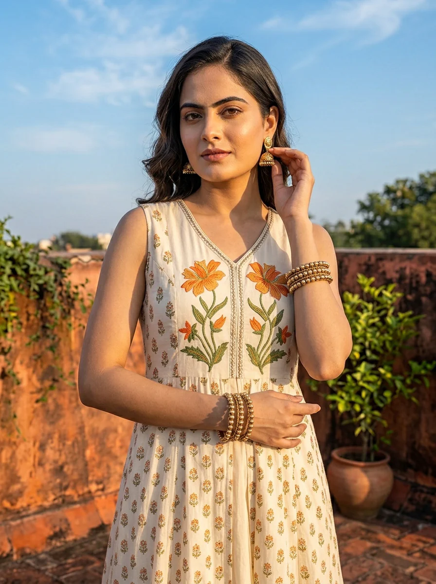 Cream Rayon Floral Motif Printed Dress - Image 4