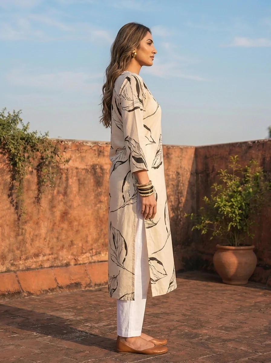 Cream Rayon Leaf Sketch Printed Kurta - Image 3