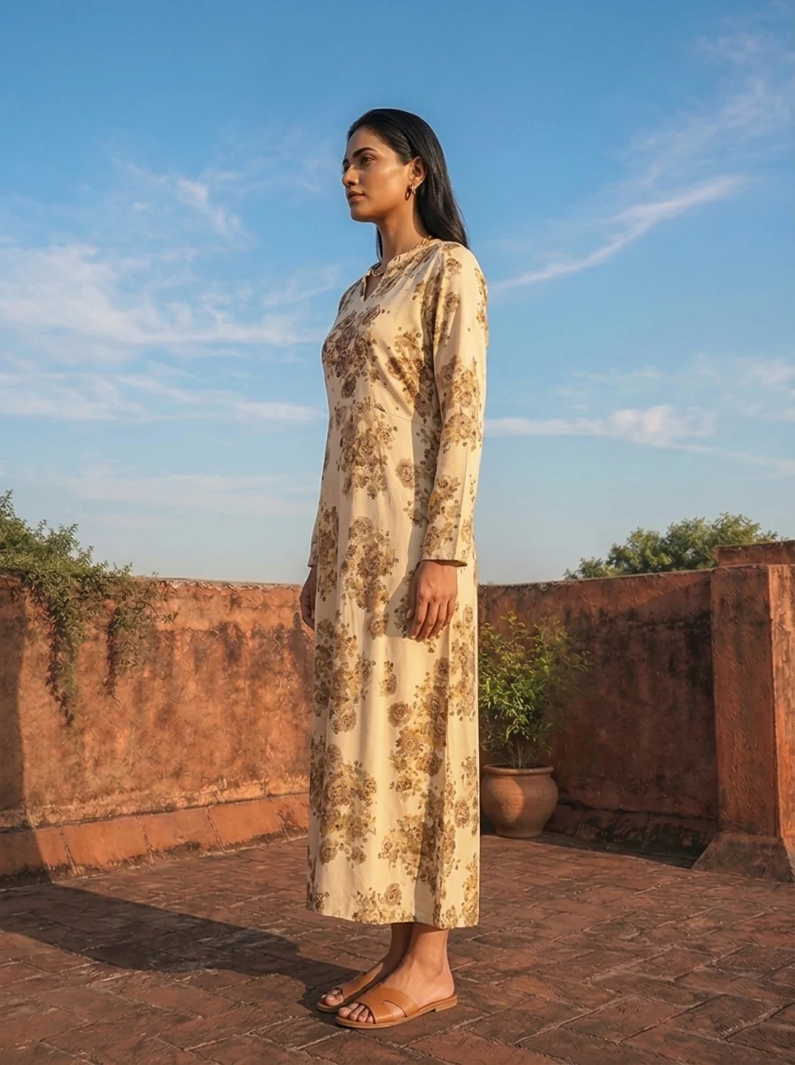 Cream Rayon Sepia Rose Printed Dress - Image 3