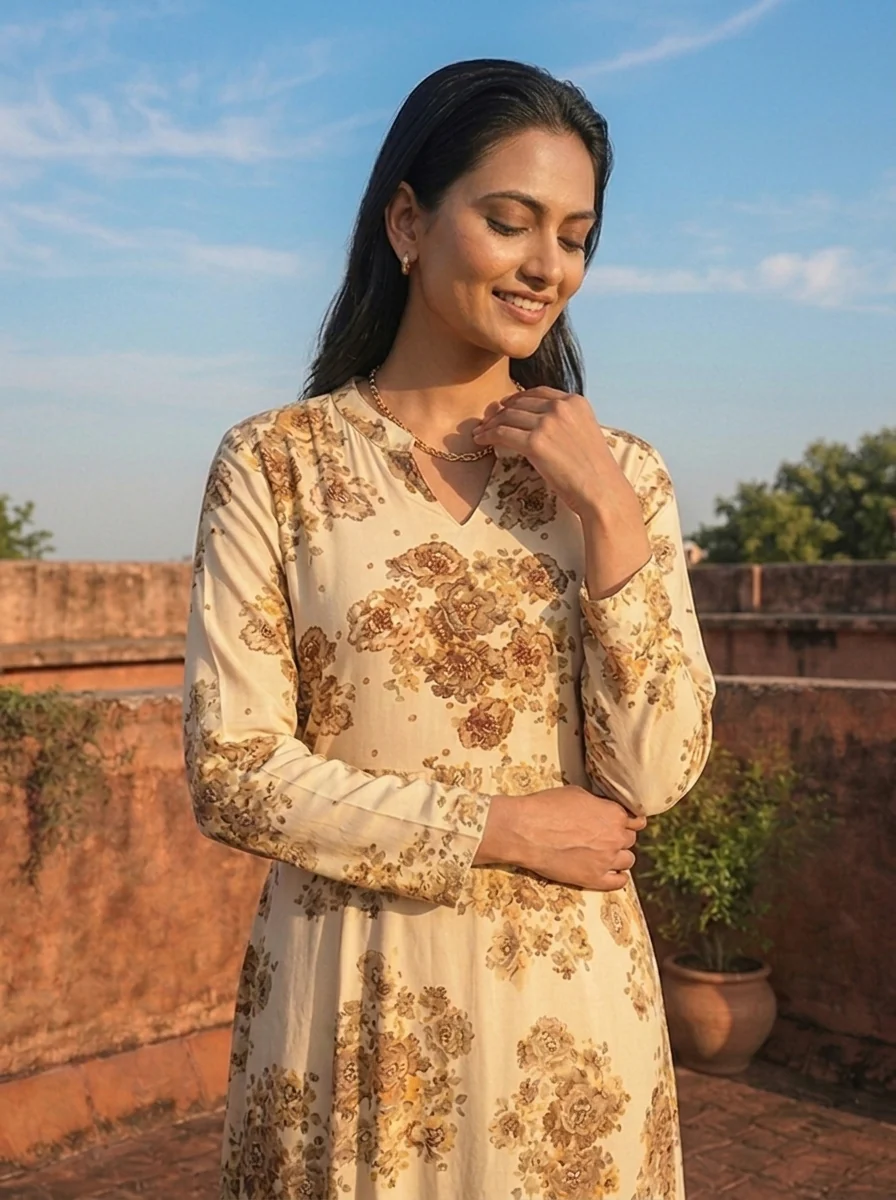 Cream Rayon Sepia Rose Printed Dress - Image 4