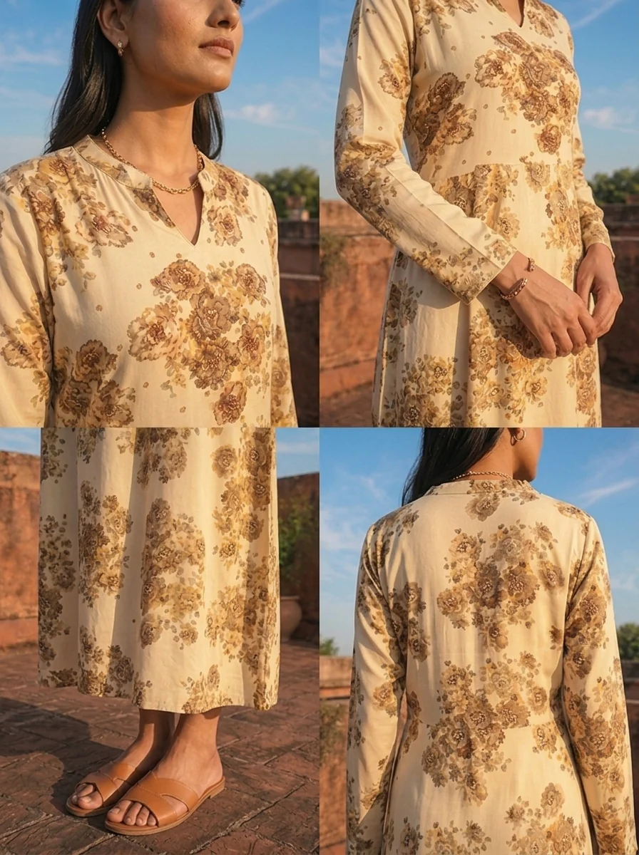 Cream Rayon Sepia Rose Printed Dress - Image 5