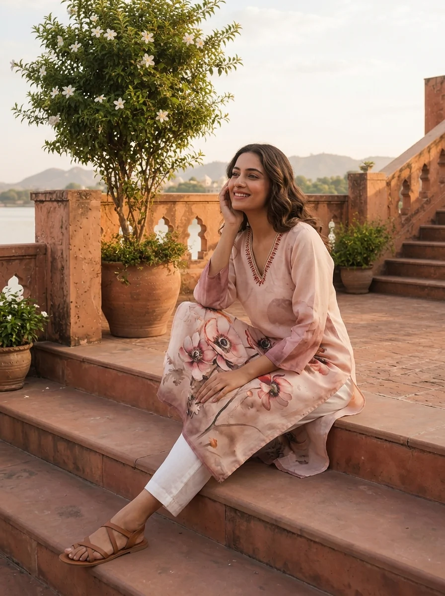 Cream Rayon Watercolor Anemone Printed Kurta - Image 2