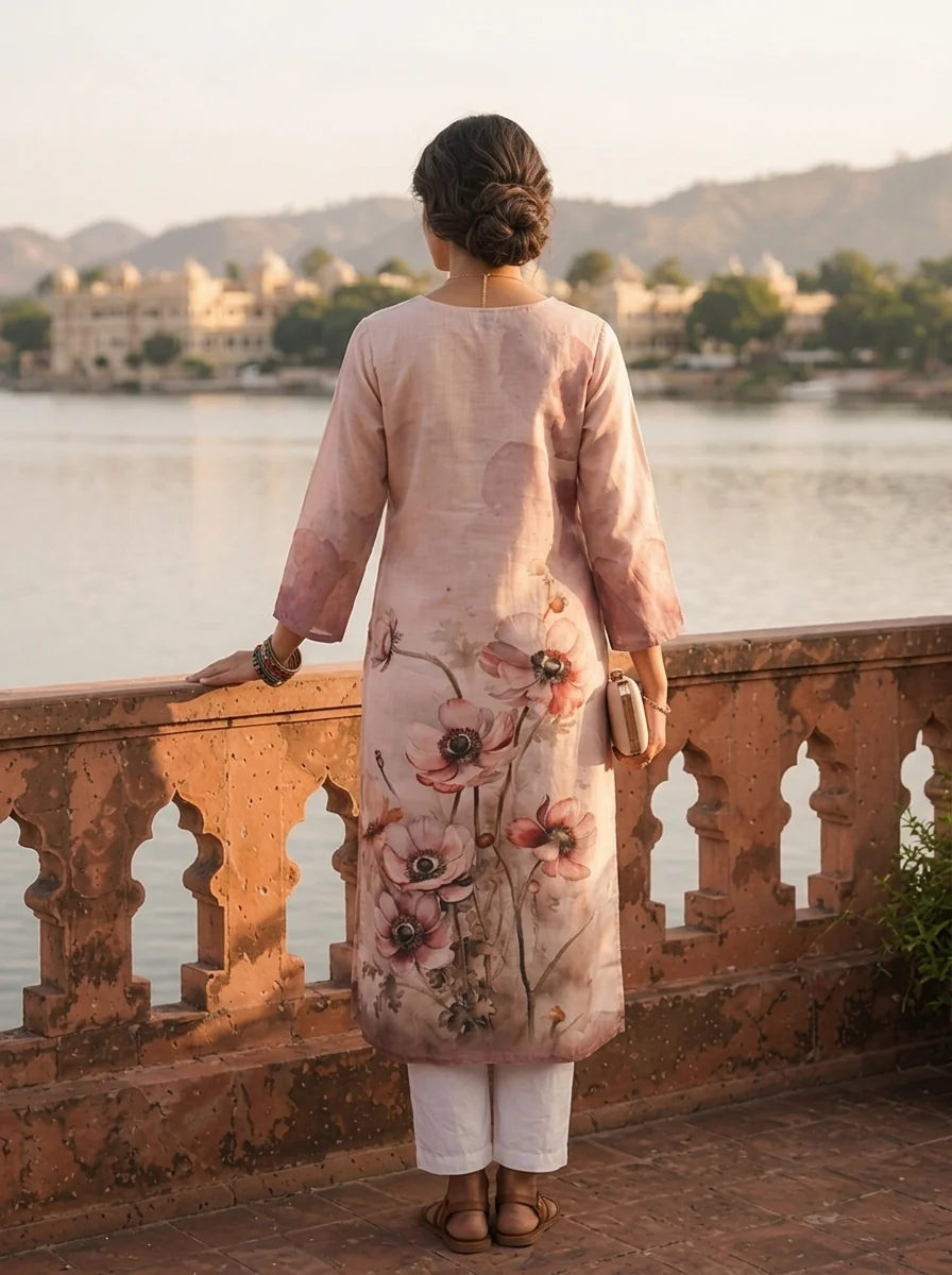 Cream Rayon Watercolor Anemone Printed Kurta - Image 3