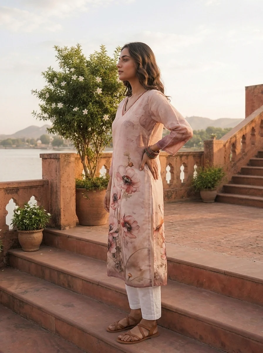 Cream Rayon Watercolor Anemone Printed Kurta - Image 4