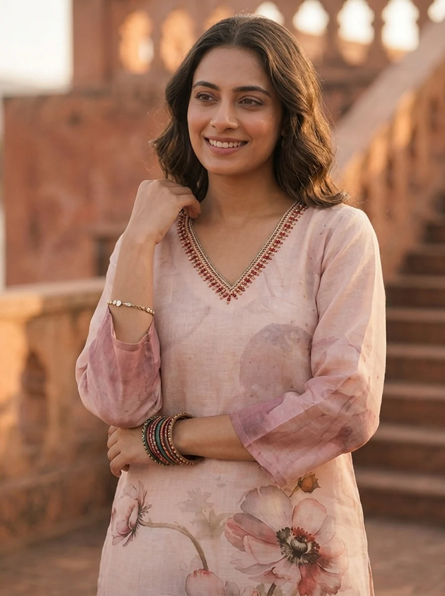 Cream Rayon Watercolor Anemone Printed Kurta - Image 5
