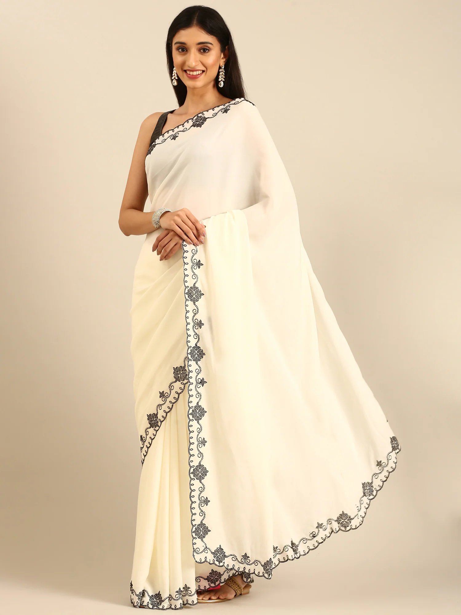 Cream satin saree with Swarovski embroidered border - Image 4