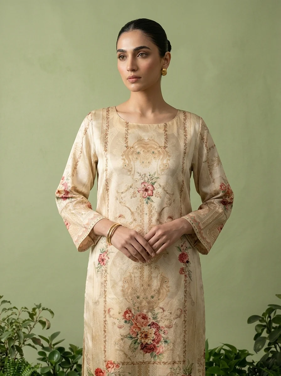 Cream Silk Digital Printed Three Piece Set - Image 3