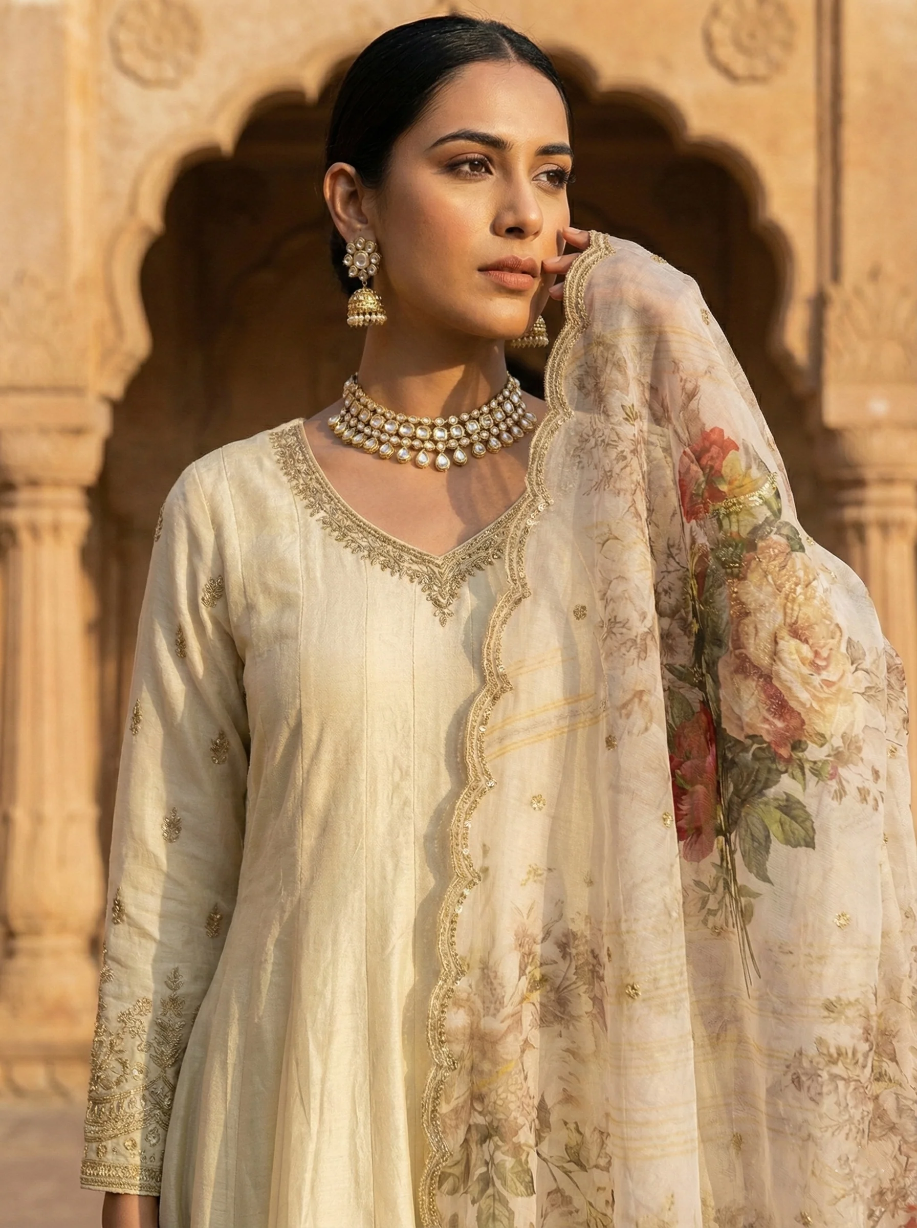 Cream Silk Digital Printed Three Piece Set - Image 3
