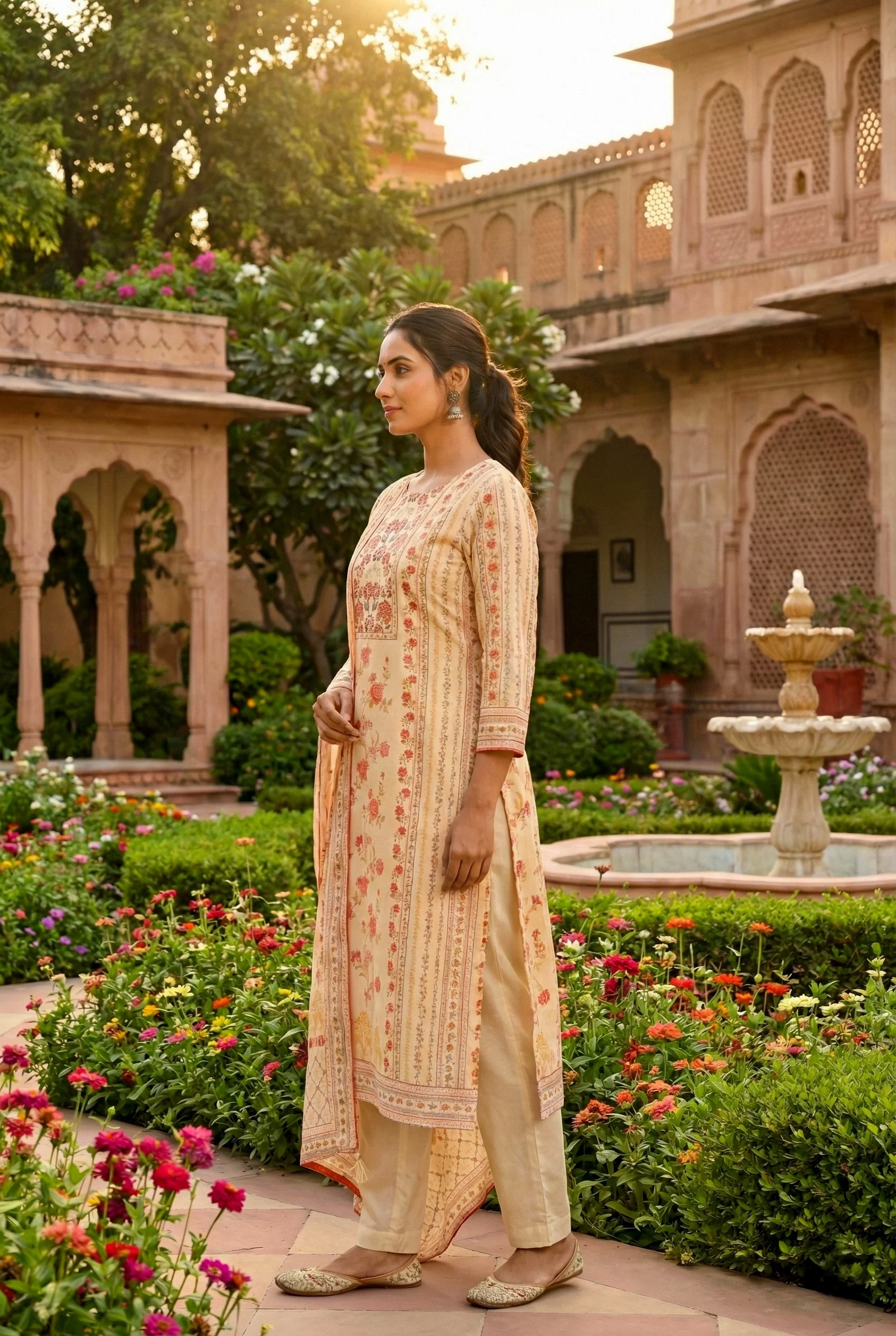 Cream Silk Floral Digital Printed Three Piece Set - Image 2
