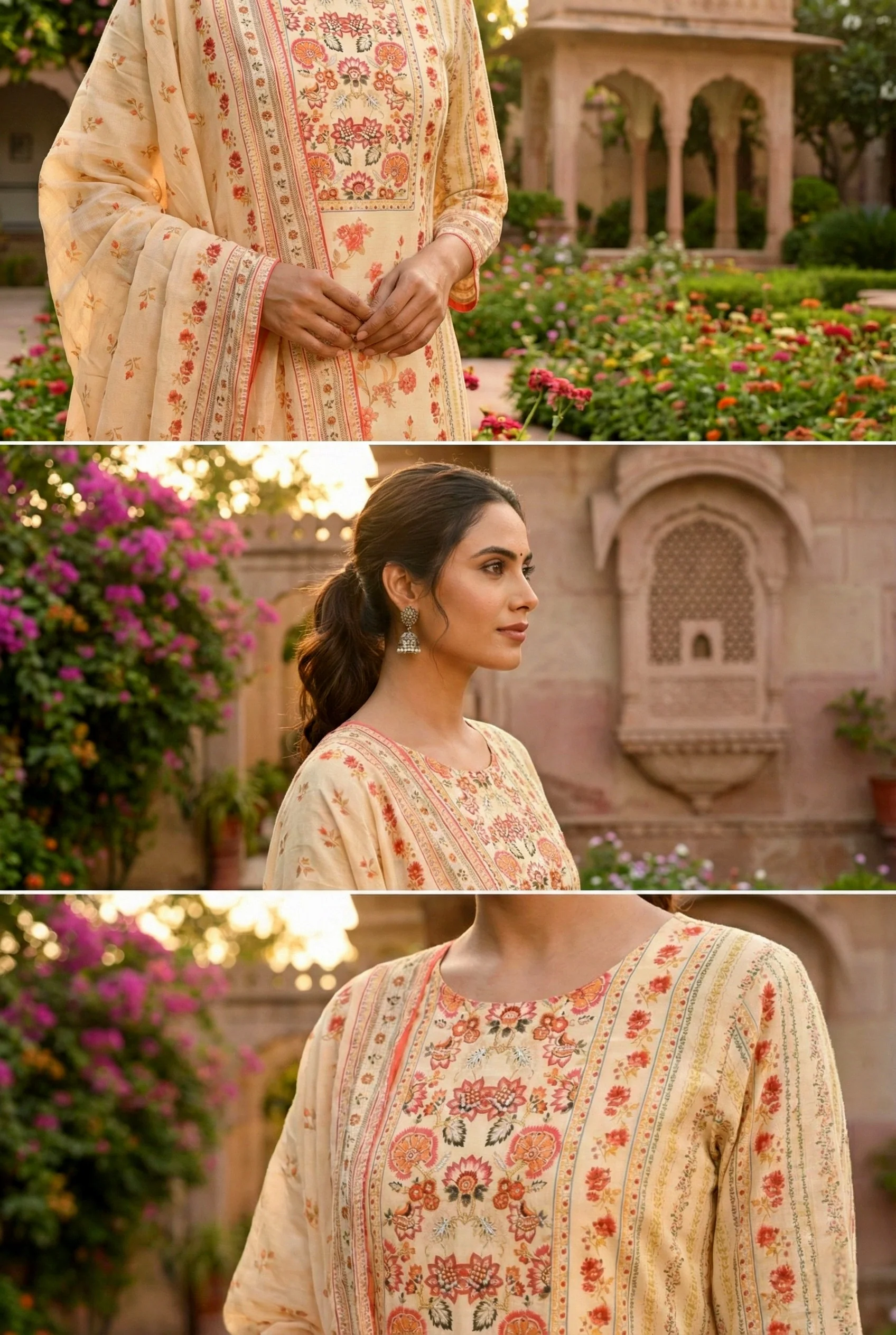 Cream Silk Floral Digital Printed Three Piece Set - Image 4
